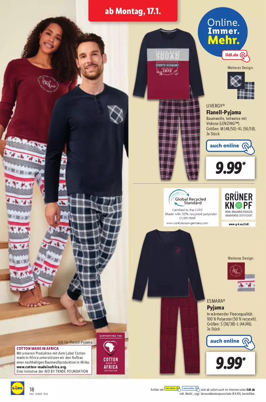 Aktueller Prospekt Lidl - Aktionsprospekt - von 17.01 bis 22.01.2022 - strona 18 - produkty: Bau, baumwolle, eis, esmara, lenzing, livergy, ndk, Pyjama, Schal, Schale, Ti, wolle