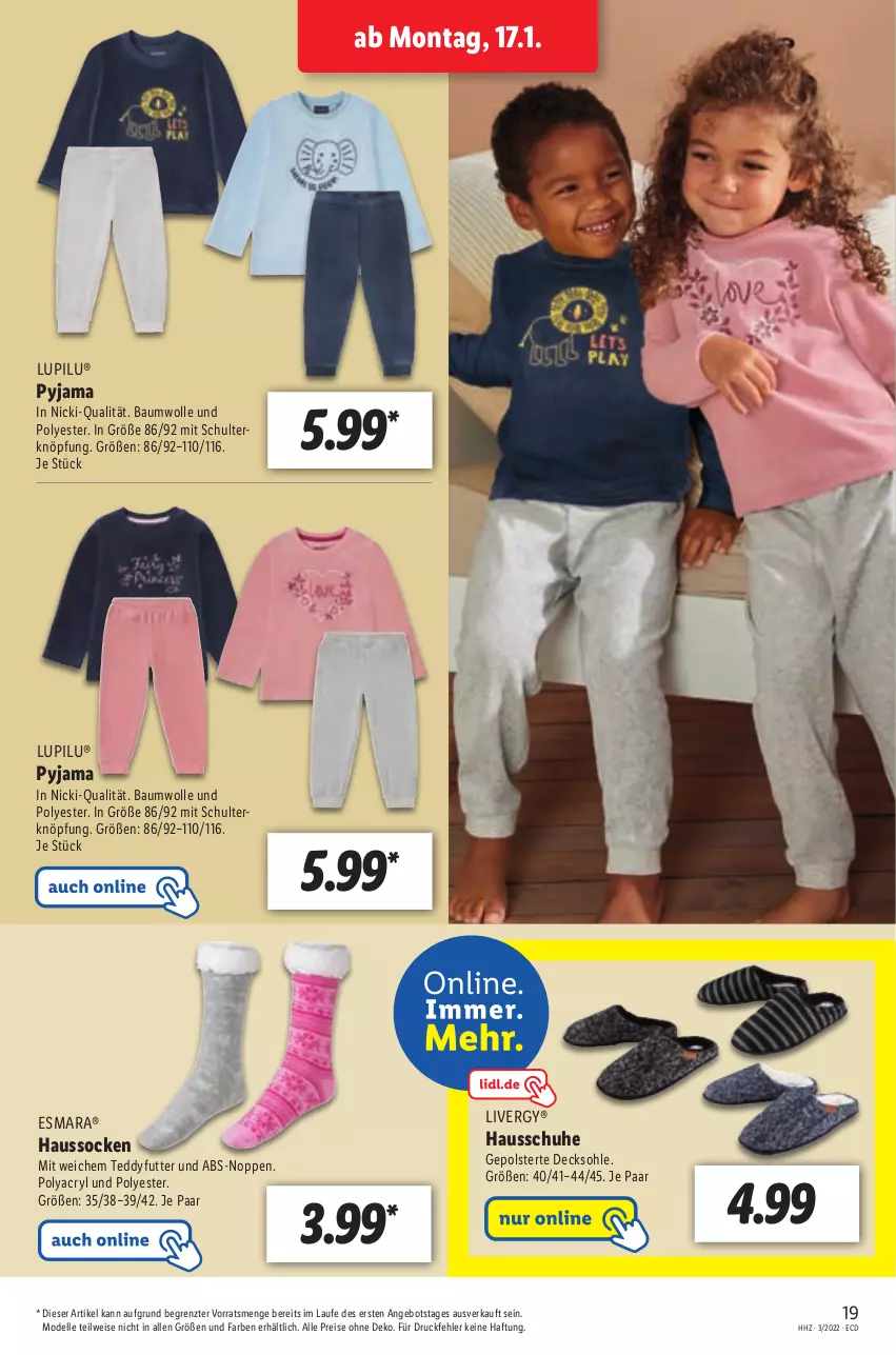 Aktueller Prospekt Lidl - Aktionsprospekt - von 17.01 bis 22.01.2022 - strona 19 - produkty: angebot, Bau, baumwolle, decksohle, dell, eis, elle, esmara, Hausschuhe, Haussocken, livergy, lupilu, Mode, Pyjama, reis, schuhe, socken, Ti, wolle, ZTE