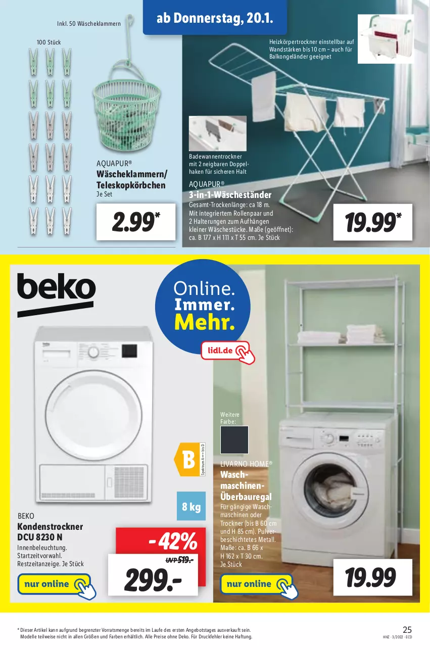 Aktueller Prospekt Lidl - Aktionsprospekt - von 17.01 bis 22.01.2022 - strona 25 - produkty: angebot, aqua, AquaPur, Bad, Badewanne, Bau, beko, beleuchtung, dell, eis, elle, Klammern, Körbchen, lamm, leine, Mode, regal, reis, rum, Spektrum, Teleskop, Ti, Trockner, Wanne, waschmaschine, waschmaschinen, ZTE