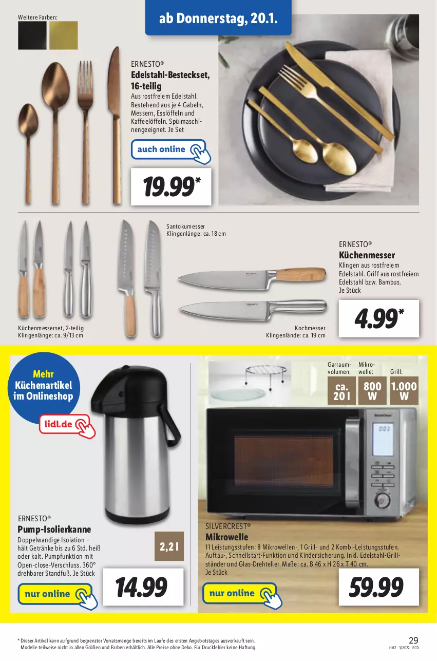 Aktueller Prospekt Lidl - Aktionsprospekt - von 17.01 bis 22.01.2022 - strona 29 - produkty: angebot, bambus, besteck, besteckset, dell, edelstahl, Edelstahl-Besteck, eis, elle, ernesto, gabel, garraum, getränk, getränke, grill, isolierkanne, kaffee, Kinder, küche, Küchen, Löffel, messer, Messerset, mikrowelle, Mode, reis, silvercrest, spülmaschinen, teller, Ti, ZTE