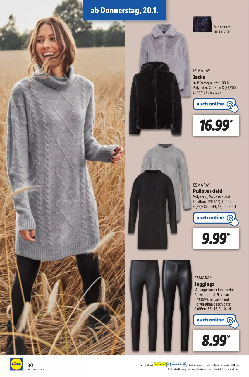 Aktueller Prospekt Lidl - Aktionsprospekt - von 17.01 bis 22.01.2022 - strona 30 - produkty: asti, eis, esmara, gin, Jacke, kleid, ndk, Plüsch, Pullover, Schal, Schale, Ti