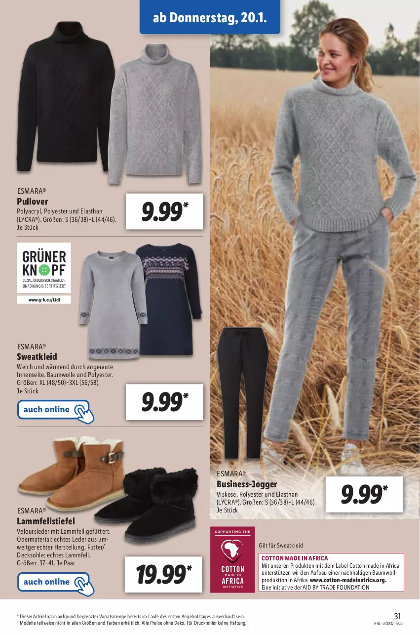 Aktueller Prospekt Lidl - Aktionsprospekt - von 17.01 bis 22.01.2022 - strona 31 - produkty: angebot, Bau, baumwolle, decksohle, dell, eis, elle, esmara, kleid, lamm, Lammfell, Mode, Pullover, reis, Ria, Sweatkleid, Ti, wolle, ZTE