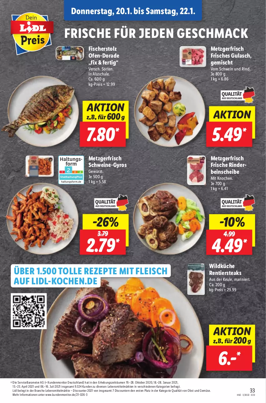 Aktueller Prospekt Lidl - Aktionsprospekt - von 17.01 bis 22.01.2022 - strona 33 - produkty: discount, Dorade, eis, fisch, fische, Fischer, fleisch, gewürz, gulasch, gyros, küche, lebensmittel, mac, monitor, obst, Obst und Gemüse, Ofen, pril, reis, rezept, rezepte, rind, rinder, Schal, Schale, schwein, schwein und rind, schweine, Schweine-Gyros, steak, steaks, Ti, und gemüse, vom schwein und rind, wein, weine, Wild