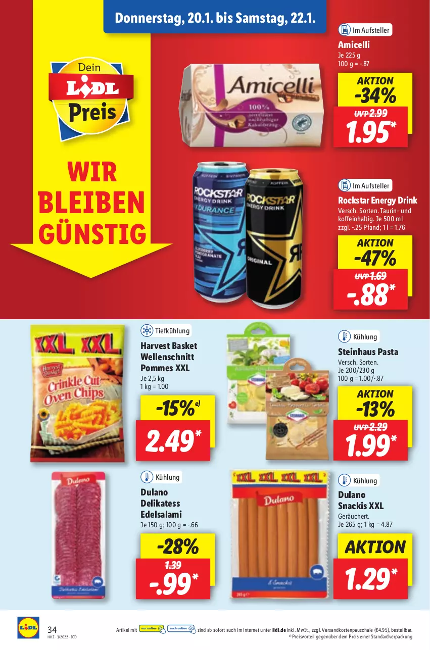 Aktueller Prospekt Lidl - Aktionsprospekt - von 17.01 bis 22.01.2022 - strona 34 - produkty: amicelli, drink, dulano, Edelsalami, eis, elle, energy drink, ndk, pasta, pommes, preisvorteil, reis, Rockstar, salami, Schal, Schale, snack, steinhaus, teller, Ti