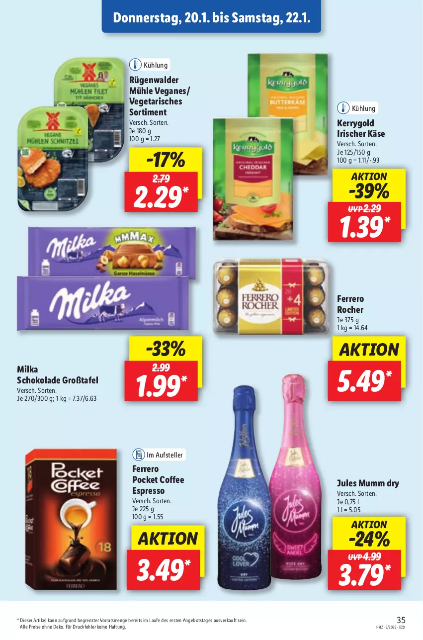 Aktueller Prospekt Lidl - Aktionsprospekt - von 17.01 bis 22.01.2022 - strona 35 - produkty: angebot, eis, elle, espresso, ferrero, Ferrero Rocher, jules mumm, Käse, kerrygold, milka, milka schokolade, mumm, reis, rügenwalder, rügenwalder mühle, schoko, schokolade, teller, Ti, Vegeta, ZTE