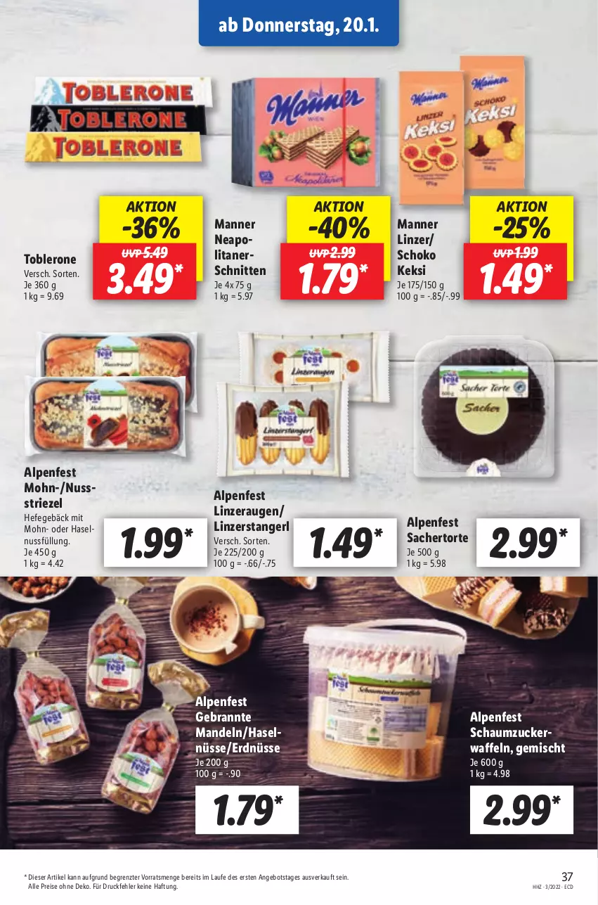 Aktueller Prospekt Lidl - Aktionsprospekt - von 17.01 bis 22.01.2022 - strona 37 - produkty: angebot, eis, erdnüsse, haselnuss, Hefe, keks, mandel, mandeln, Manner, nuss, reis, sac, Schaumzucker, schnitten, schoko, Ti, toblerone, torte, waffeln, ZTE, zucker