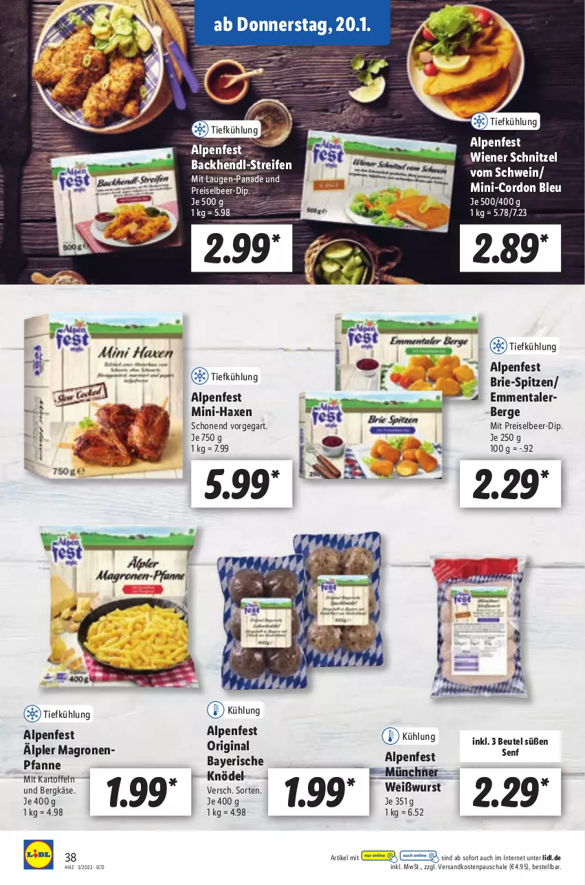 Aktueller Prospekt Lidl - Aktionsprospekt - von 17.01 bis 22.01.2022 - strona 38 - produkty: axe, Backhendl, Bergkäse, beutel, brie, cordon bleu, dip, eis, emmentaler, gin, Haxe, Hendl, kartoffel, kartoffeln, Käse, Knödel, ndk, pfanne, reifen, reis, Schal, Schale, schnitzel, schwein, senf, Ti, wein, Weißwurst, wiener, wurst