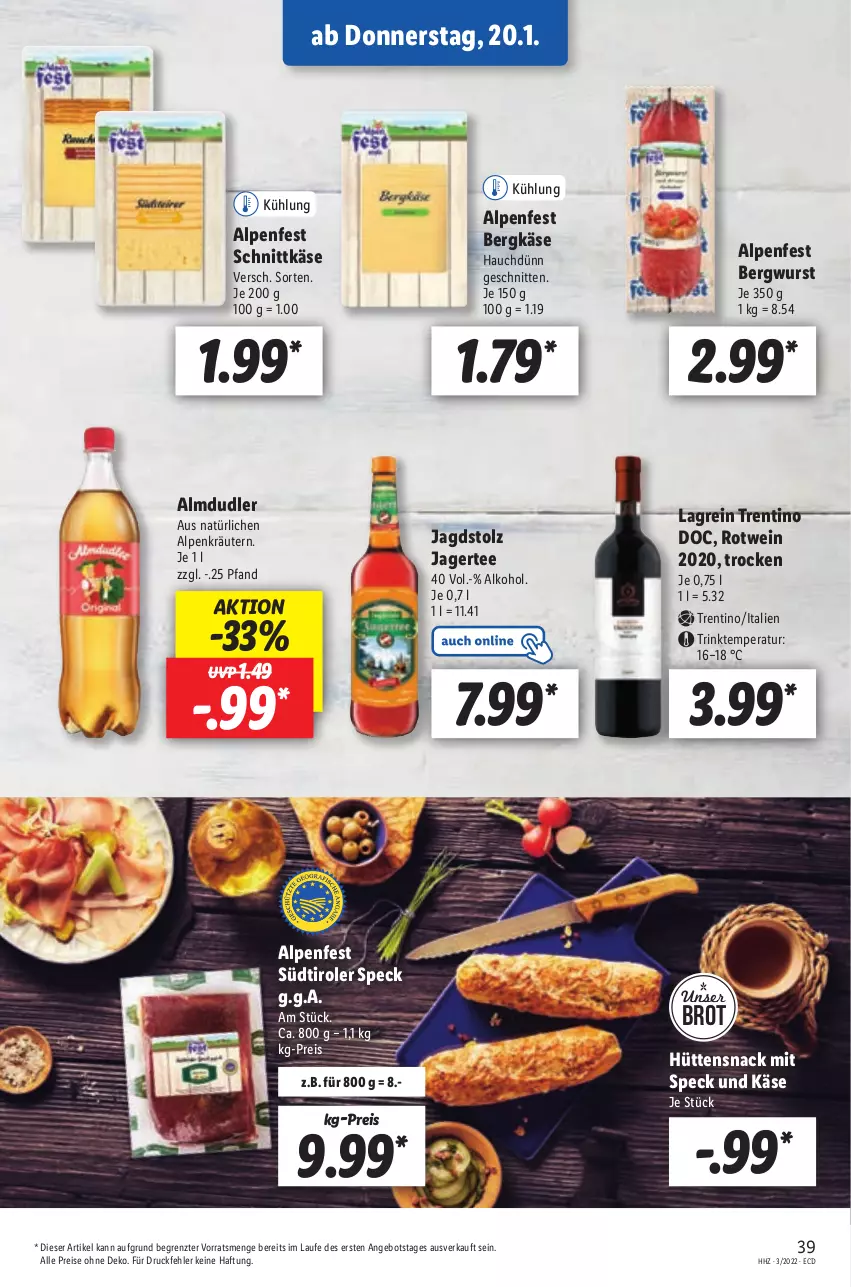 Aktueller Prospekt Lidl - Aktionsprospekt - von 17.01 bis 22.01.2022 - strona 39 - produkty: alkohol, almdudler, angebot, Bergkäse, brot, eis, Jagertee, Käse, kräuter, kräutern, reis, rotwein, schnitten, schnittkäse, snack, Speck, südtiroler, tee, Ti, wein, wurst, ZTE