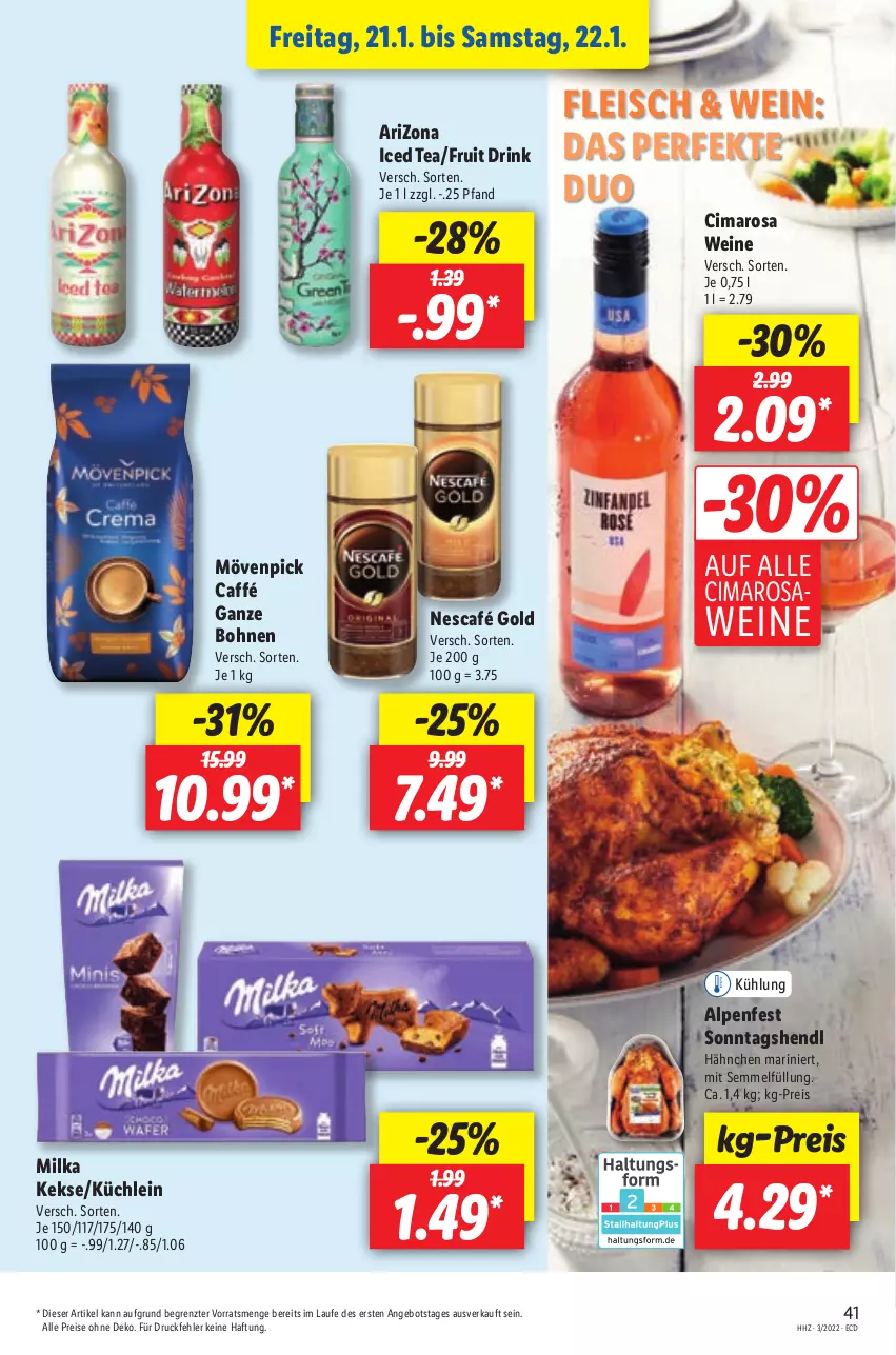 Aktueller Prospekt Lidl - Aktionsprospekt - von 17.01 bis 22.01.2022 - strona 41 - produkty: angebot, bohne, bohnen, drink, eis, fleisch, Hendl, keks, kekse, milka, mövenpick, Nescafé, nescafé gold, reis, Semmel, Ti, wein, weine, ZTE