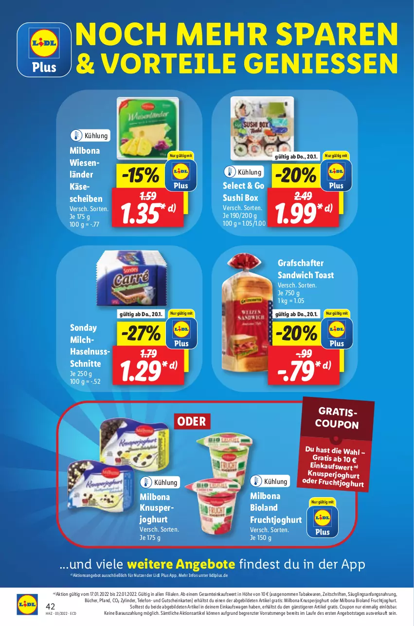 Aktueller Prospekt Lidl - Aktionsprospekt - von 17.01 bis 22.01.2022 - strona 42 - produkty: angebot, angebote, bio, bioland, Bona, coupon, frucht, fruchtjoghurt, grafschafter, gutschein, haselnuss, joghur, joghurt, Käse, käsescheiben, Milbona, milch, nuss, sandwich, Sushi, telefon, Ti, toast, ZTE