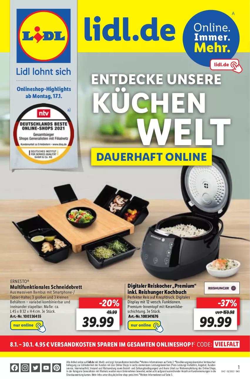 Aktueller Prospekt Lidl - Aktionsprospekt - von 17.01 bis 22.01.2022 - strona 43 - produkty: angebot, auer, bambus, Behälter, buch, decke, eis, ernesto, Kocher, küche, Küchen, leine, ndk, Rauch, reis, Ria, schneidebrett, smartphone, tablet, Ti, topf