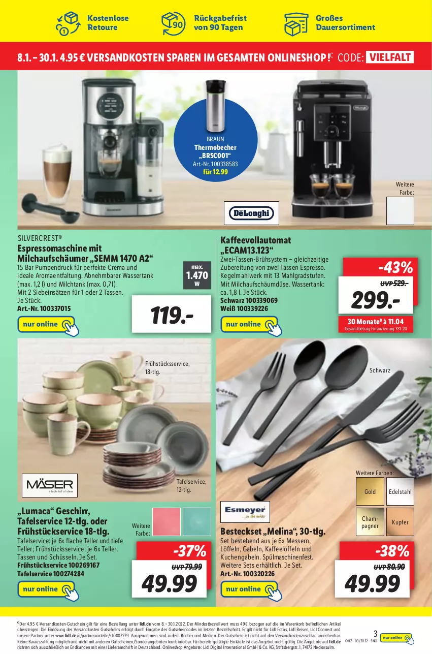 Aktueller Prospekt Lidl - Aktionsprospekt - von 17.01 bis 22.01.2022 - strona 45 - produkty: angebot, angebote, auer, auto, Becher, besteck, besteckset, braun, champagne, champagner, edelstahl, eis, elle, espresso, gabel, geschirr, gutschein, gutscheine, kaffee, kaffeevollautomat, korb, kuchen, LG, Löffel, mac, messer, milch, milchaufschäumer, ndk, reis, schüssel, silvercrest, spülmaschinen, tasse, teller, Ti, wasser, wassertank, ZTE