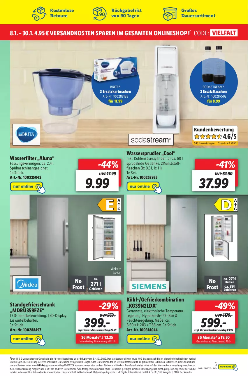 Aktueller Prospekt Lidl - Aktionsprospekt - von 17.01 bis 22.01.2022 - strona 47 - produkty: angebot, angebote, auer, Behälter, beleuchtung, brita, eis, eiswürfel, Elektro, flasche, gefrierkombination, gefrierschrank, getränk, getränke, gutschein, gutscheine, korb, LG, ndk, reis, Schrank, Soda, sodastream, Sprudel, spülmaschinen, Ti, wasser, wasserfilter, wassersprudler, würfel, ZTE