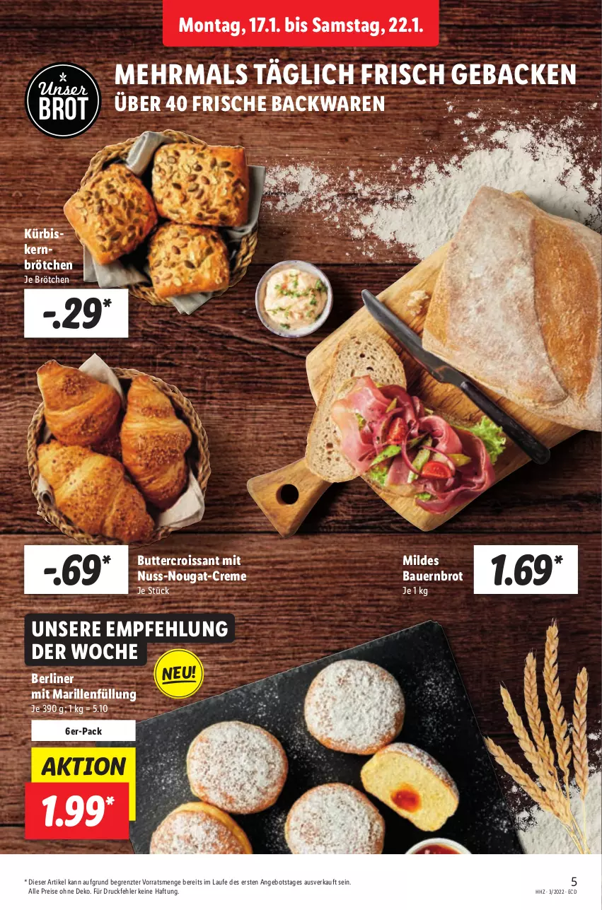 Aktueller Prospekt Lidl - Aktionsprospekt - von 17.01 bis 22.01.2022 - strona 5 - produkty: angebot, auer, backwaren, Bau, Bauer, berliner, brot, brötchen, butter, creme, Croissant, eis, frische backwaren, geback, Kürbis, Kürbiskernbrötchen, nuss, nuss-nougat-creme, reis, Ti, ZTE