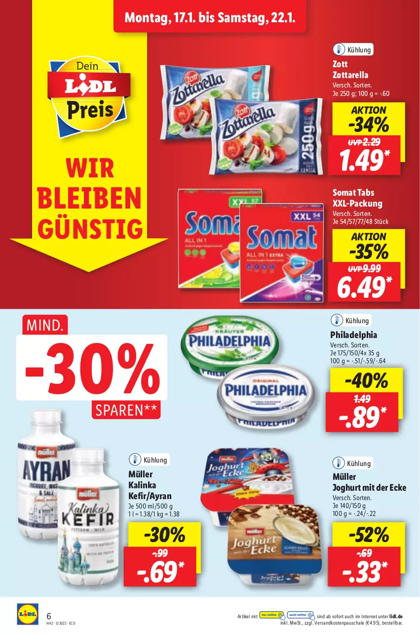 Aktueller Prospekt Lidl - Aktionsprospekt - von 17.01 bis 22.01.2022 - strona 6 - produkty: Ayran, joghur, joghurt, joghurt mit der ecke, Kefir, Müller, ndk, philadelphia, rel, Schal, Schale, somat, Ti, xxl-packung, zott, zottarella