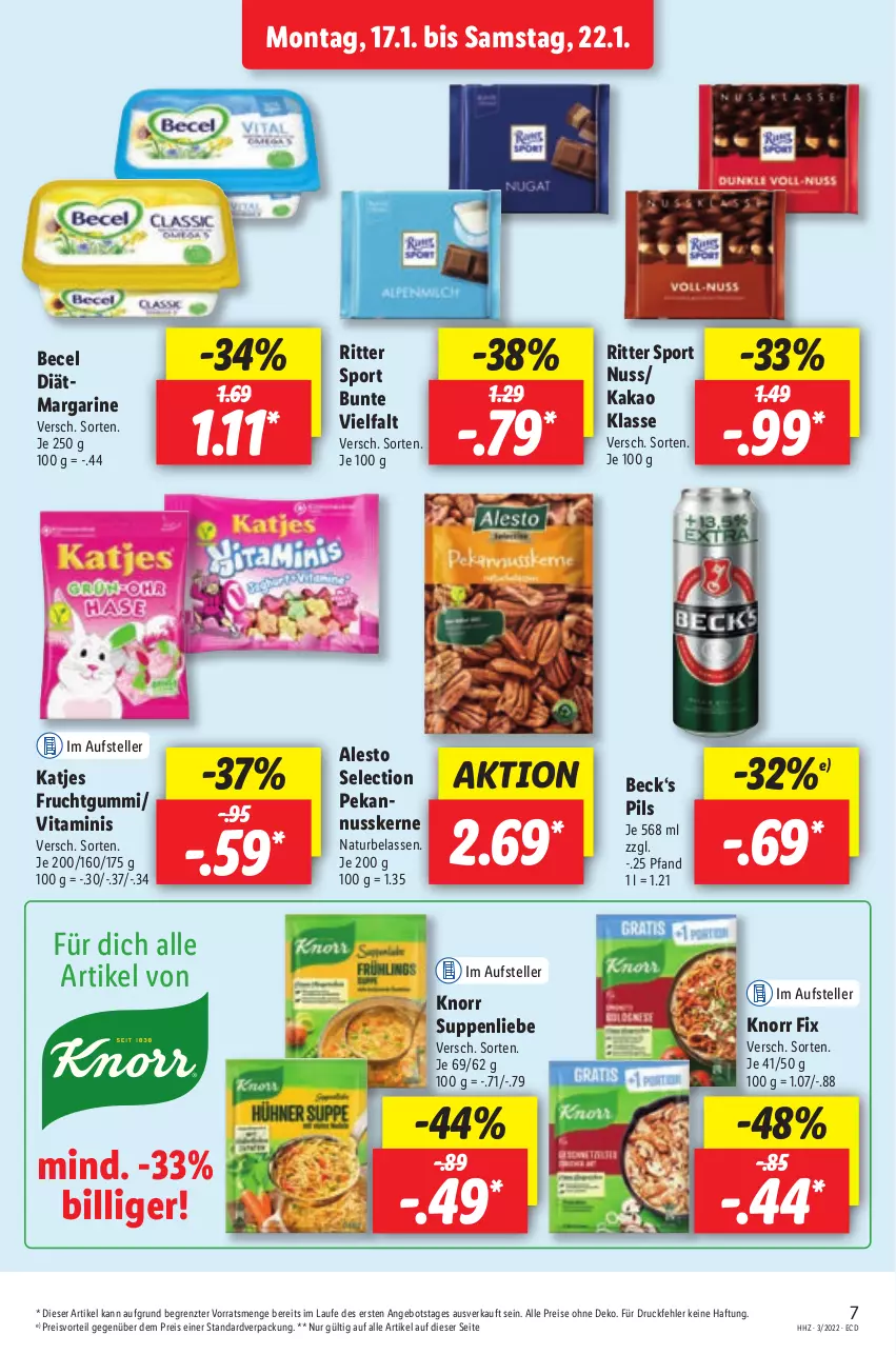 Aktueller Prospekt Lidl - Aktionsprospekt - von 17.01 bis 22.01.2022 - strona 7 - produkty: alesto, angebot, becel, eis, elle, frucht, fruchtgummi, kakao, katjes, knorr, knorr fix, margarine, natur, nuss, pils, preisvorteil, reis, ritter, ritter sport, Sport, suppe, suppen, suppenliebe, teller, Ti, vita, ZTE