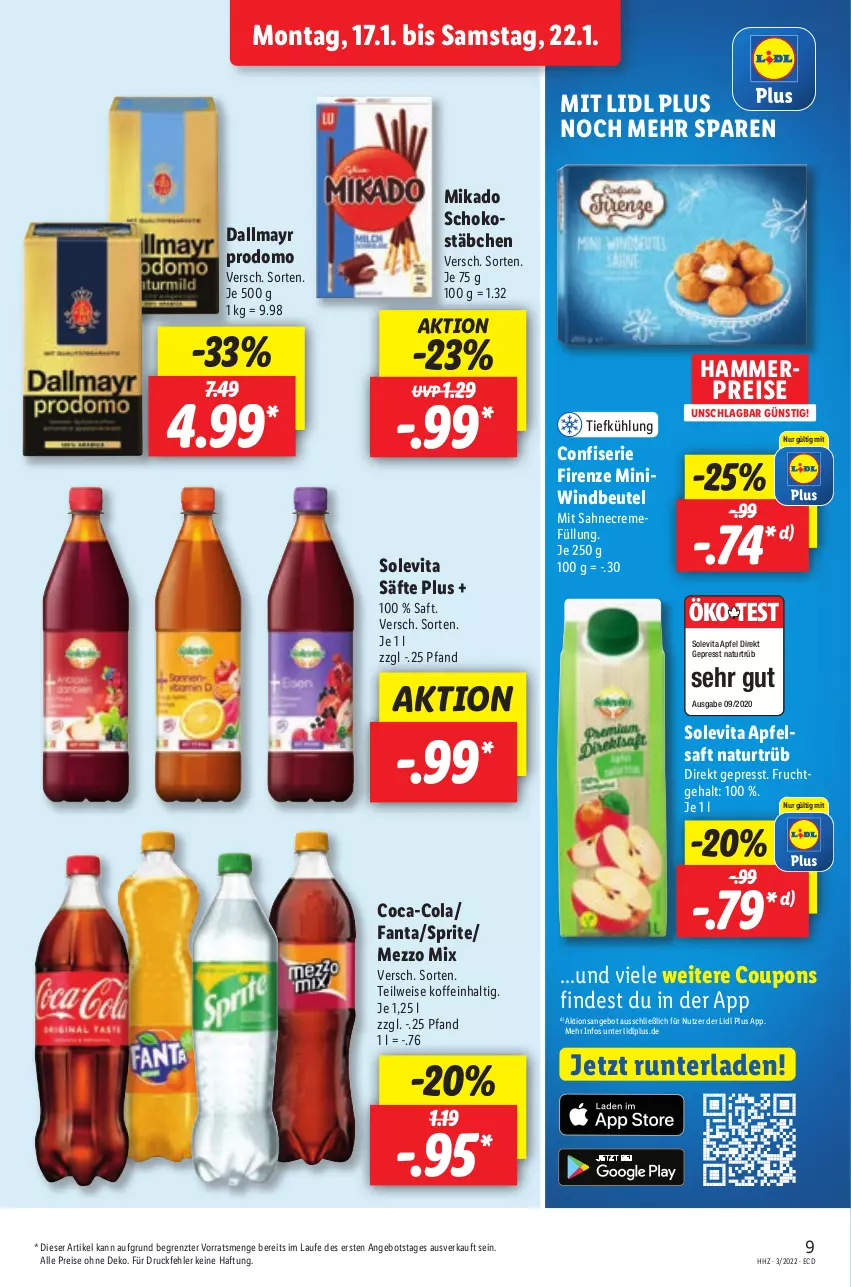 Aktueller Prospekt Lidl - Aktionsprospekt - von 17.01 bis 22.01.2022 - strona 9 - produkty: angebot, apfel, apfelsaft, beutel, coca-cola, cola, coupon, coupons, creme, dallmayr, dallmayr prodomo, eis, fanta, frucht, Mezzo Mix, mikado, natur, prodomo, reis, saft, säfte, sahne, schoko, Schokostäbchen, sprite, Ti, vita, Windbeutel, ZTE