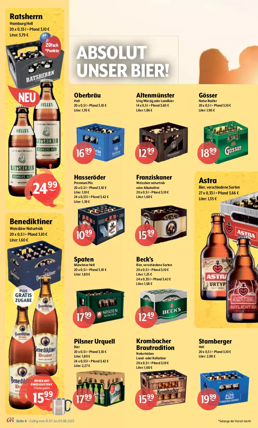 Aktueller Prospekt Getraenke Hoffmann - Prospekte - von 31.07 bis 05.08.2023 - strona 4 - produkty: alkohol, Altenmünster, Astra, Benediktiner, Berger, bier, burger, corona, corona extra, eis, elle, flensburger, franziskaner, getränk, getränke, gewinnspiel, gösser, hasseröder, Hefe, heineken, kellerbier, krombache, krombacher, mars, mönchshof, natur, natur radler, oder radler, Paula, paulaner, pils, pilsener, pilsner, pilsner urquell, premium pils, radler, Ratsherrn, Spaten, Spiele, steiner, tasse, Ti, veltins, weissbier