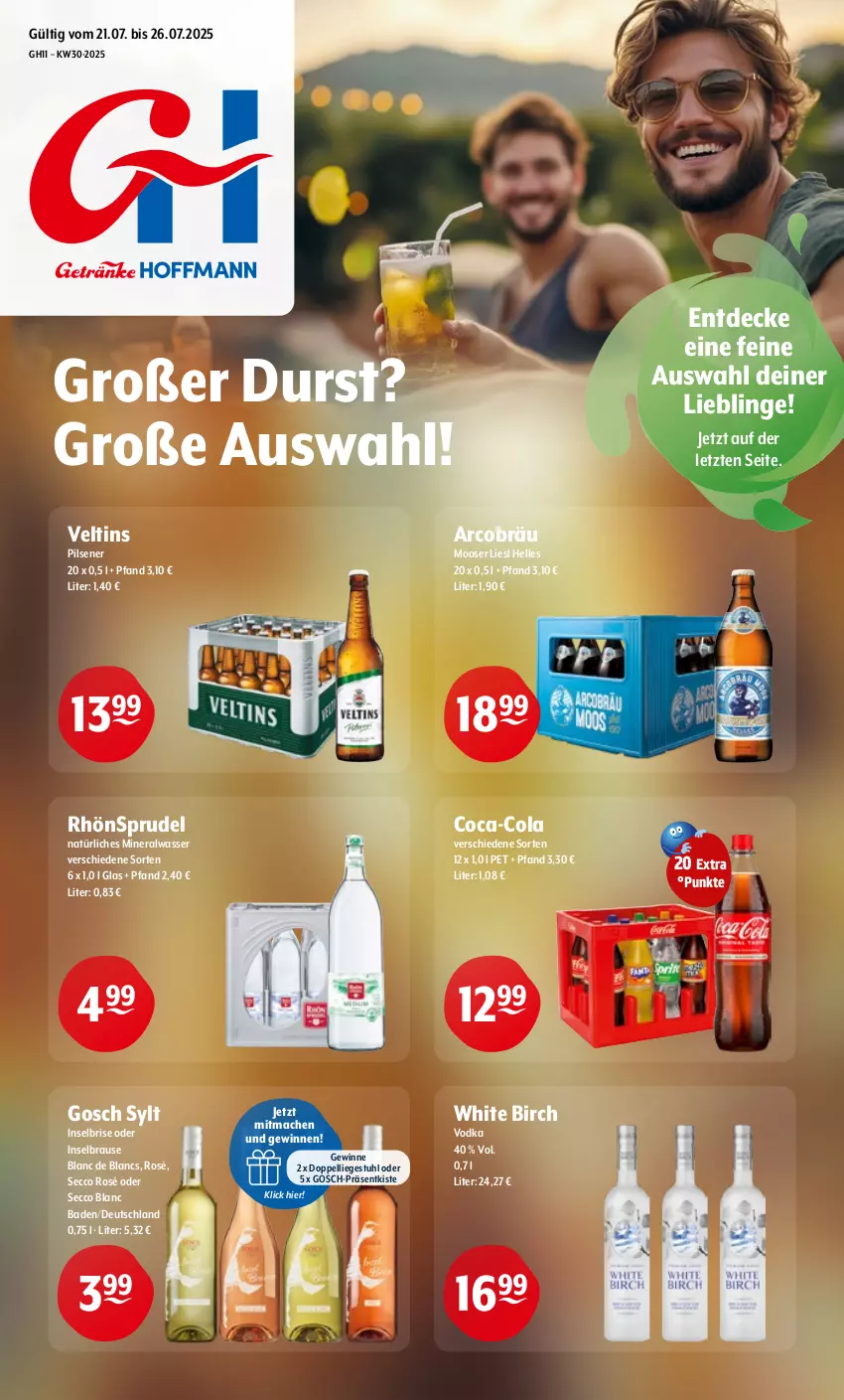 Aktueller Prospekt Getraenke Hoffmann - Prospekte - von 21.07 bis 26.07.2025 - strona 1 - produkty: Alwa, Bad, brause, coca-cola, cola, de blancs, decke, ecco, elle, Liege, mac, mineralwasser, natürliches mineralwasser, pils, pilsener, RhönSprudel, Sprudel, stuhl, Ti, veltins, vodka, wasser, ZTE