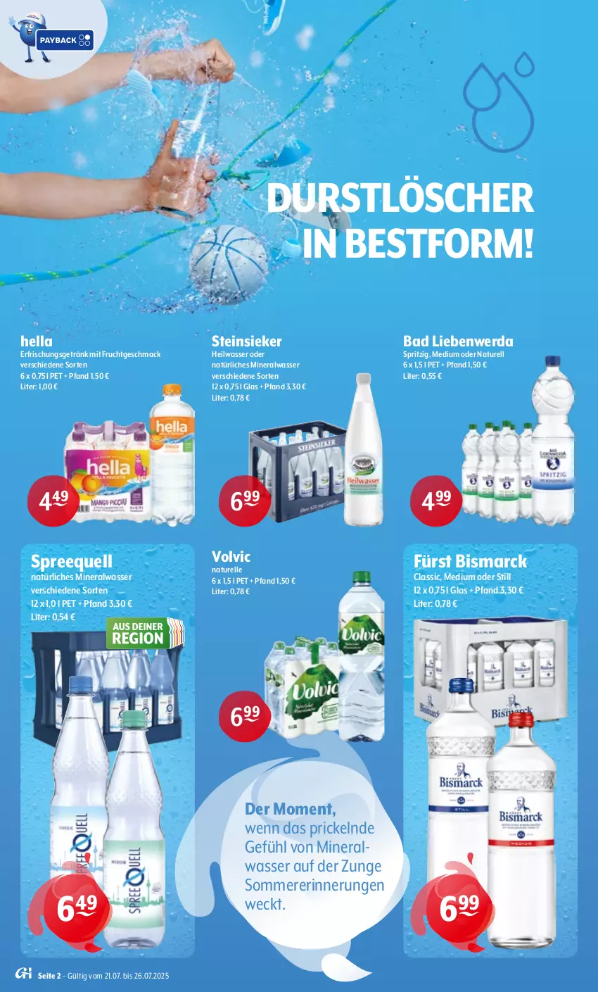 Aktueller Prospekt Getraenke Hoffmann - Prospekte - von 21.07 bis 26.07.2025 - strona 2 - produkty: Alwa, Bad, Bad Liebenwerda, bismarck, durstlöscher, elle, erfrischungsgetränk, frucht, getränk, hella, mac, mineralwasser, mit frucht, natur, natürliches mineralwasser, rel, Spreequell, Steinsieker, Ti, volvic, wasser, weck