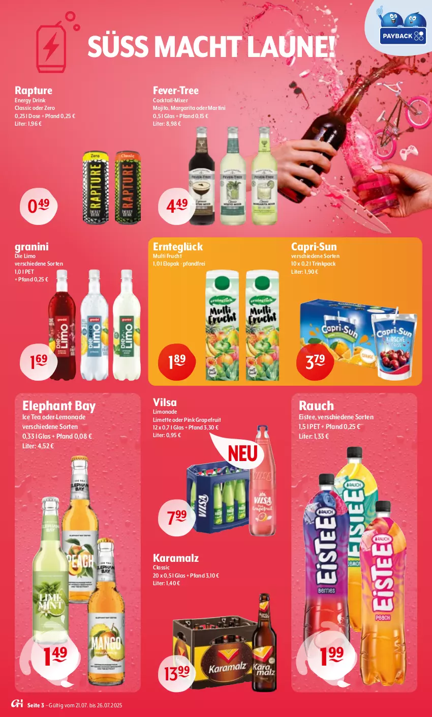 Aktueller Prospekt Getraenke Hoffmann - Prospekte - von 21.07 bis 26.07.2025 - strona 3 - produkty: Cap, capri-sun, cocktail, drink, eis, eistee, Elephant Bay, energy drink, fever-tree, frucht, granini, granini die limo, grapefruit, ice tea, karamalz, lemonade, limette, limo, limonade, mac, malz, martini, Mett, Mixer, mojito, rama, Rauch, tee, Ti, vilsa