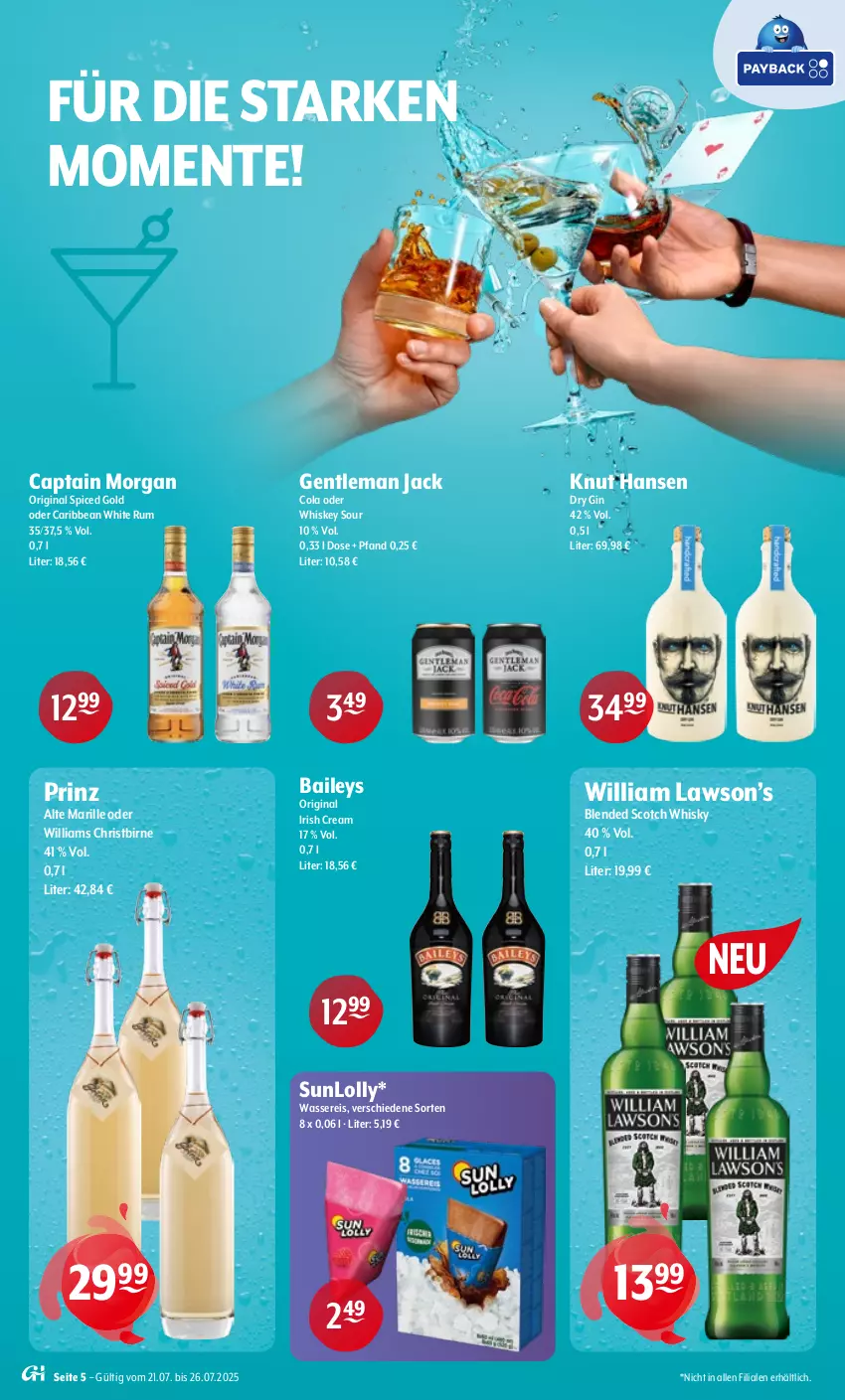 Aktueller Prospekt Getraenke Hoffmann - Prospekte - von 21.07 bis 26.07.2025 - strona 5 - produkty: baileys, blended scotch, blended scotch whisky, Cap, captain morgan, cola, dry gin, eis, ente, gin, irish cream, original spiced gold, reis, rum, scotch, scotch whisky, Ti, wasser, wassereis, whiskey, whisky, white rum