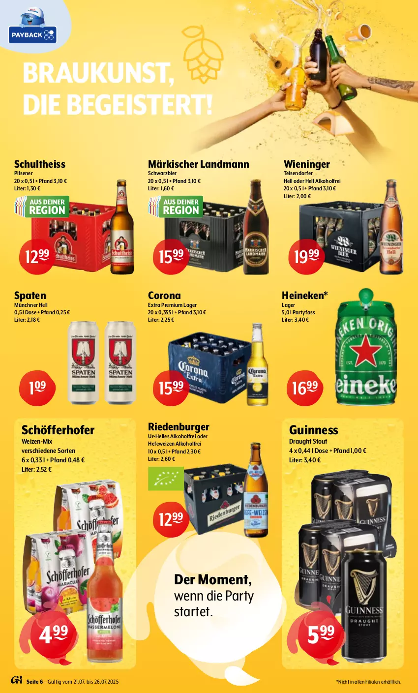 Aktueller Prospekt Getraenke Hoffmann - Prospekte - von 21.07 bis 26.07.2025 - strona 6 - produkty: alkohol, bier, burger, corona, eis, elle, Guinness, Hefe, hefeweizen, heineken, pils, pilsener, schöfferhofer, Schultheiss, Spaten, Ti