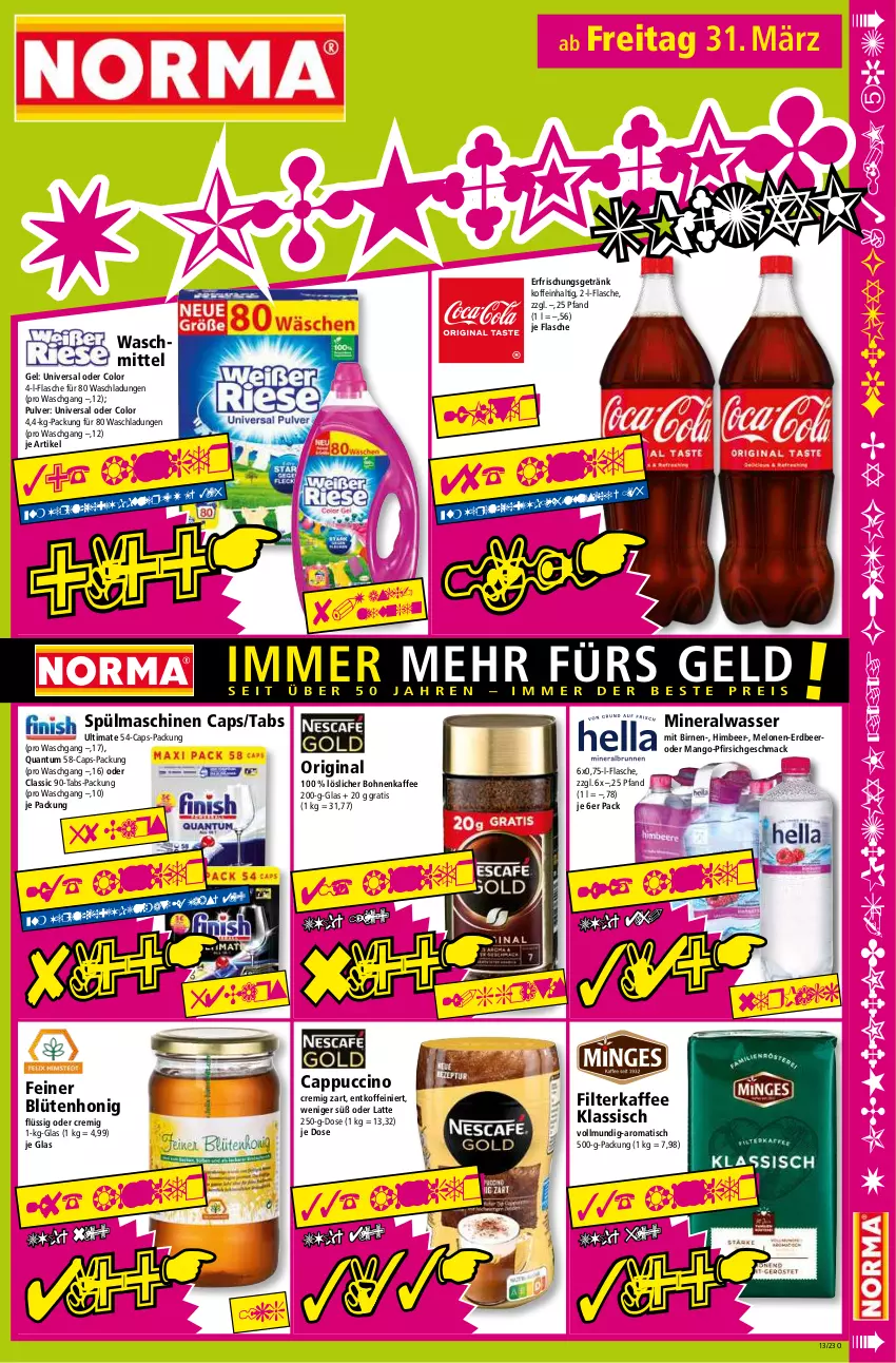 Aktueller Prospekt Norma - Norma - von 27.03 bis 03.04.2023 - strona 17 - produkty: Alwa, Birnen, Blüte, blütenhonig, bohne, bohnen, bohnenkaffee, Cap, cappuccino, cin, erfrischungsgetränk, filterkaffee, flasche, getränk, gin, himbeer, honig, kaffee, latte, löslicher bohnenkaffee, mac, mango, melone, melonen, mineralwasser, pfirsich, spülmaschinen, Ti, tisch, waschmittel, wasser