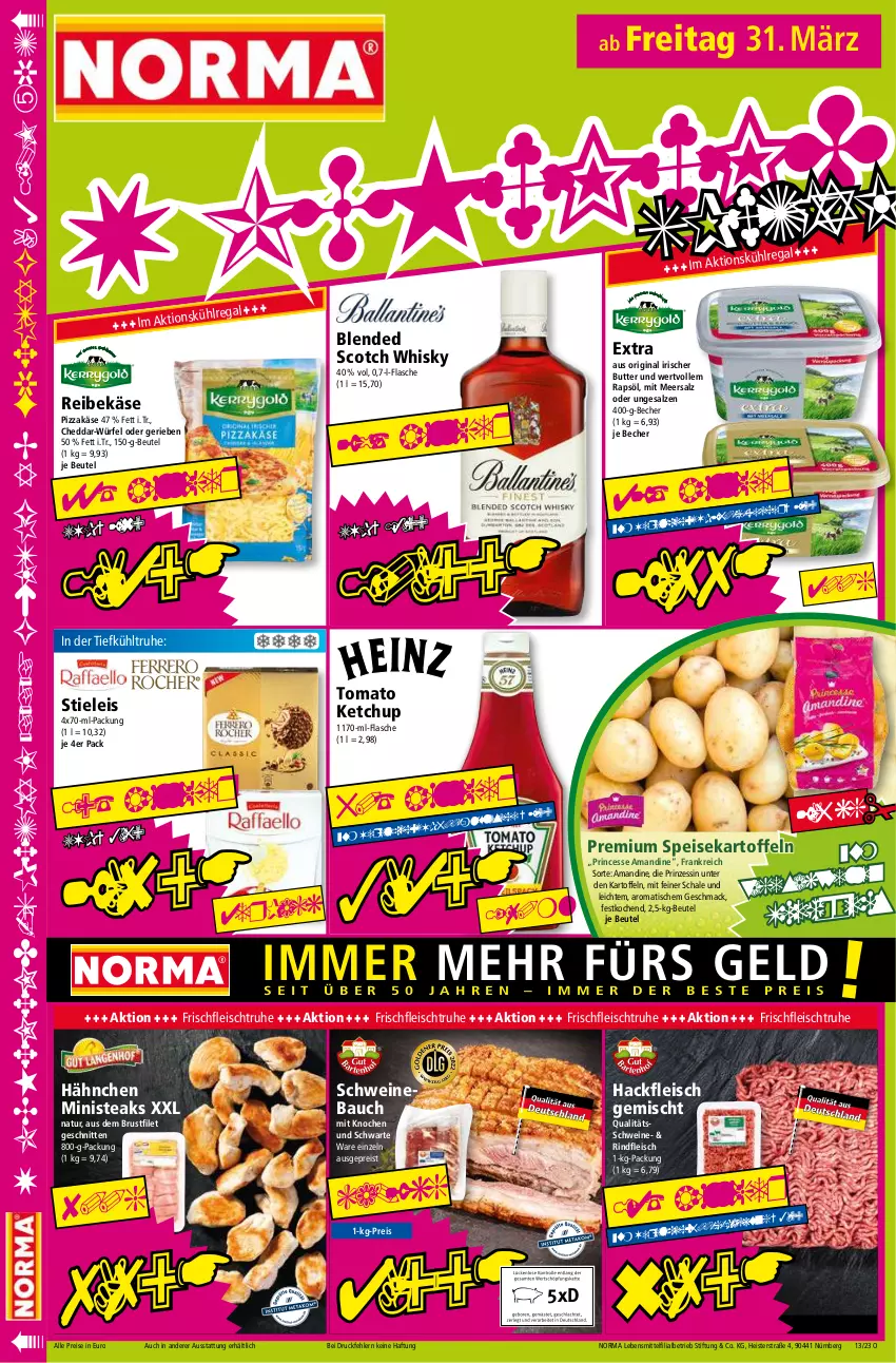 Aktueller Prospekt Norma - Norma - von 27.03 bis 03.04.2023 - strona 18 - produkty: Bau, Becher, beutel, blended scotch, blended scotch whisky, brustfilet, butter, cheddar, eis, filet, flasche, fleisch, gin, hackfleisch, hackfleisch gemischt, kartoffel, kartoffeln, Käse, ketchup, lebensmittel, mac, meersalz, natur, pizza, rapsöl, regal, Reibekäse, reis, rind, rindfleisch, salz, Schal, Schale, schnitten, schwein, schweine, Schweinebauch, scotch, scotch whisky, speisekartoffeln, steak, steaks, stieleis, Ti, tiefpreis, tisch, tomato ketchup, wein, weine, whisky, würfel