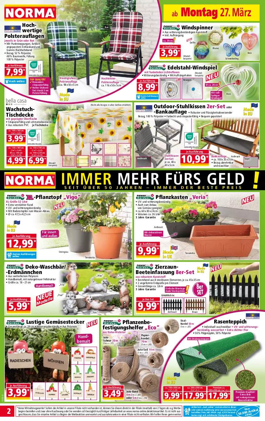 Aktueller Prospekt Norma - Norma - von 27.03 bis 03.04.2023 - strona 2 - produkty: Bank, Bau, baumwolle, Bebe, blume, braun, decke, dell, edelstahl, eis, elle, ente, fritz, gin, Glaskugel, kissen, Kugel, Lusti, Mett, Mode, natur, ndk, papier, pflanze, pflanzen, Pflanzkasten, Pflanztopf, rasen, reis, Ria, Schmetterling, Spiele, stuhl, stuhlkissen, teppich, Ti, tisch, tischdecke, topf, Topfen, tuc, wachstuch, wasser, wolle