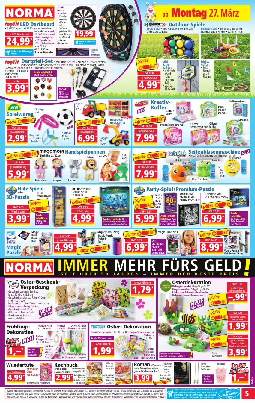 Aktueller Prospekt Norma - Norma - von 27.03 bis 03.04.2023 - strona 5 - produkty: ACC, adapter, ball, bambus, batterie, batterien, Bau, Bebe, beutel, blume, blumen, brot, brötchen, buch, chia, Dekohänger, dekoration, Effect, eier, eis, Elefant, elle, erde, fenster, fisch, FrisbeeGolf, Frosch, Geschenkpapier, Geschenktasche, gin, Heu, hipp, hocker, Holz, Kantenhocker, Kinder, kissen, koffer, korb, latte, latte macchiato, lays, LG, Löffel, mac, macchiato, messer, Mett, mikado, natur, ndk, papier, perlen, Puppe, Puzzle, reis, Ria, ring, Schmetterling, Seife, Sitzhöhe, Spiele, spielwaren, Stickerblock, Tasche, taschen, tee, Ti, topf, Tüte, übertopf, wandhalterung, Wichtel, windlicht, Yo