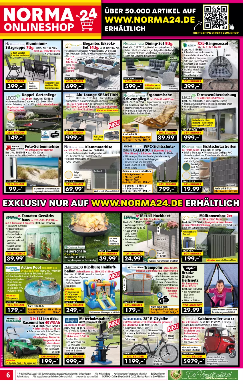 Aktueller Prospekt Norma - Norma - von 27.03 bis 03.04.2023 - strona 6 - produkty: akku, angebot, armlehnen, asti, auer, ball, Bank, Bau, beleuchtung, Brei, bürste, bürsten, decke, Deckel, dekokissen, eis, Elektro, ente, felgen, fenster, feuerschale, fliegengitter, gabel, Garten, gartenliege, glasplatte, grundig, hängesessel, hering, Holz, Holzspalter, HP, Hüpfburg, kissen, Klemmmarkise, kopfkissen, korb, kraft, ladegerät, latte, LG, Liege, Luftballon, messer, Mode, ndk, pool, rasen, rasenmäher, reifen, reis, ring, Roller, rückenlehne, Schal, Schale, Seitenmarkise, sekt, sessel, shimano, Sofa, Sport, steckdose, Tasche, Ti, tisch, tischplatte, tragetasche, Trampolin, wasser, Windschutz