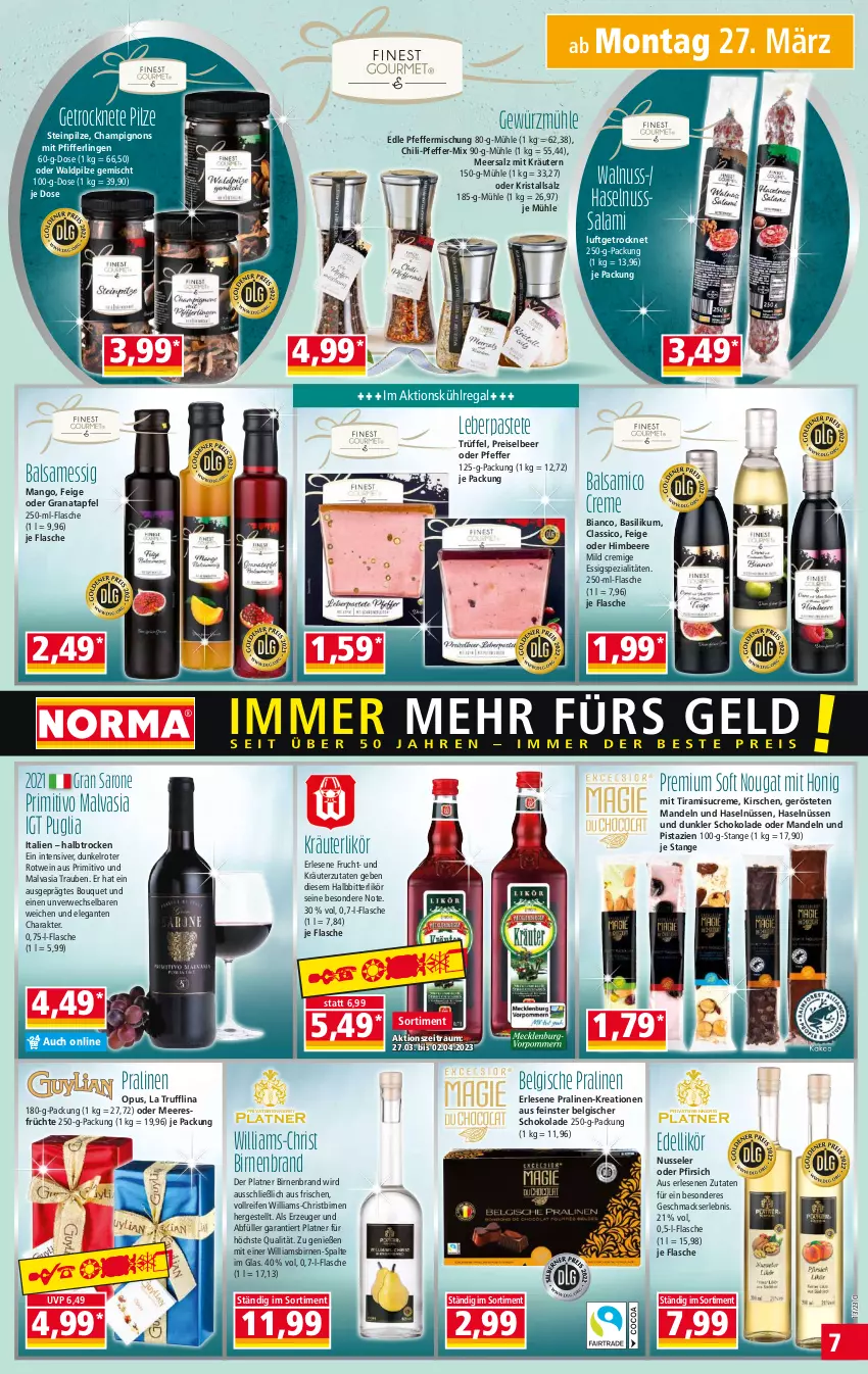 Aktueller Prospekt Norma - Norma - von 27.03 bis 03.04.2023 - strona 7 - produkty: apfel, balsam, balsamico, basilikum, beere, Belgische Pralinen, Birnen, champignon, champignons, chili, classico, creme, dell, eis, essig, flasche, frucht, früchte, gewürz, Gewürzmühle, grana, granatapfel, haselnuss, himbeer, himbeere, honig, kirsch, kirsche, kirschen, kräuter, kräuterlikör, kräutern, Kristallsalz, kühlregal, LG, likör, mac, mandel, mandeln, mango, meeresfrüchte, meersalz, nuss, pastete, pfeffer, Pfifferlinge, pfirsich, pilze, pistazien, pralinen, primitivo, Rana, regal, reifen, reis, rotwein, rwe, salami, salz, saro, schoko, schokolade, Spezi, Steinpilze, Ti, tiramisu, trauben, Trüffel, walnuss, wein