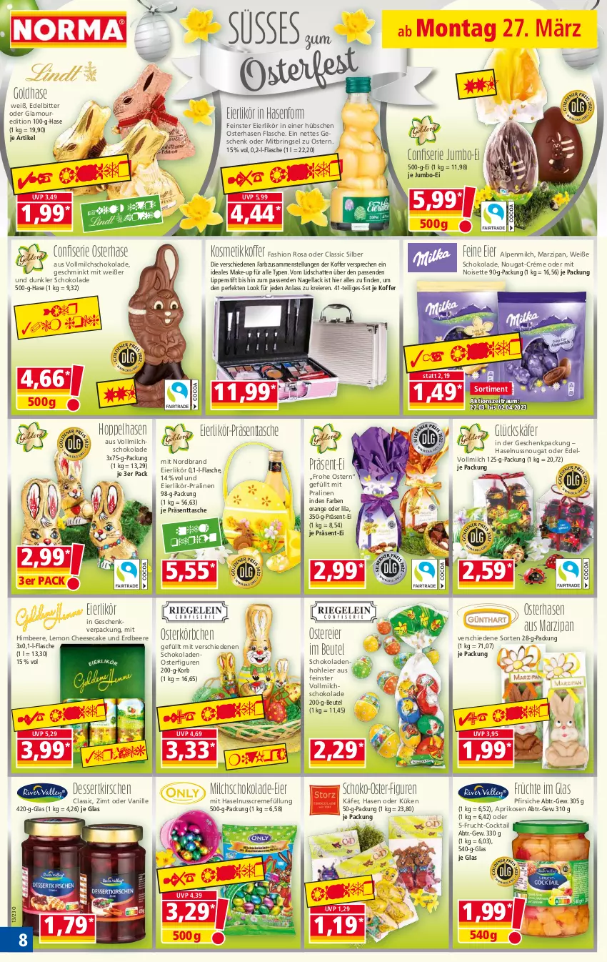 Aktueller Prospekt Norma - Norma - von 27.03 bis 03.04.2023 - strona 8 - produkty: alpenmilch, aprikose, aprikosen, beere, beutel, cheesecake, cocktail, creme, dessert, eier, eierlikör, erdbeere, flasche, frucht, früchte, geschenkpackung, haselnuss, Haselnusscreme, himbeer, himbeere, jumbo, käfer, kirsch, kirsche, kirschen, koffer, korb, Körbchen, kosmetik, lack, likör, Lippenstift, Make-up, marzipan, milch, Nagellack, nordbrand, nuss, orange, pfirsich, pfirsiche, pralinen, ring, schoko, schokolade, schokoladen, senf, Tasche, Ti, vanille, vollmilch