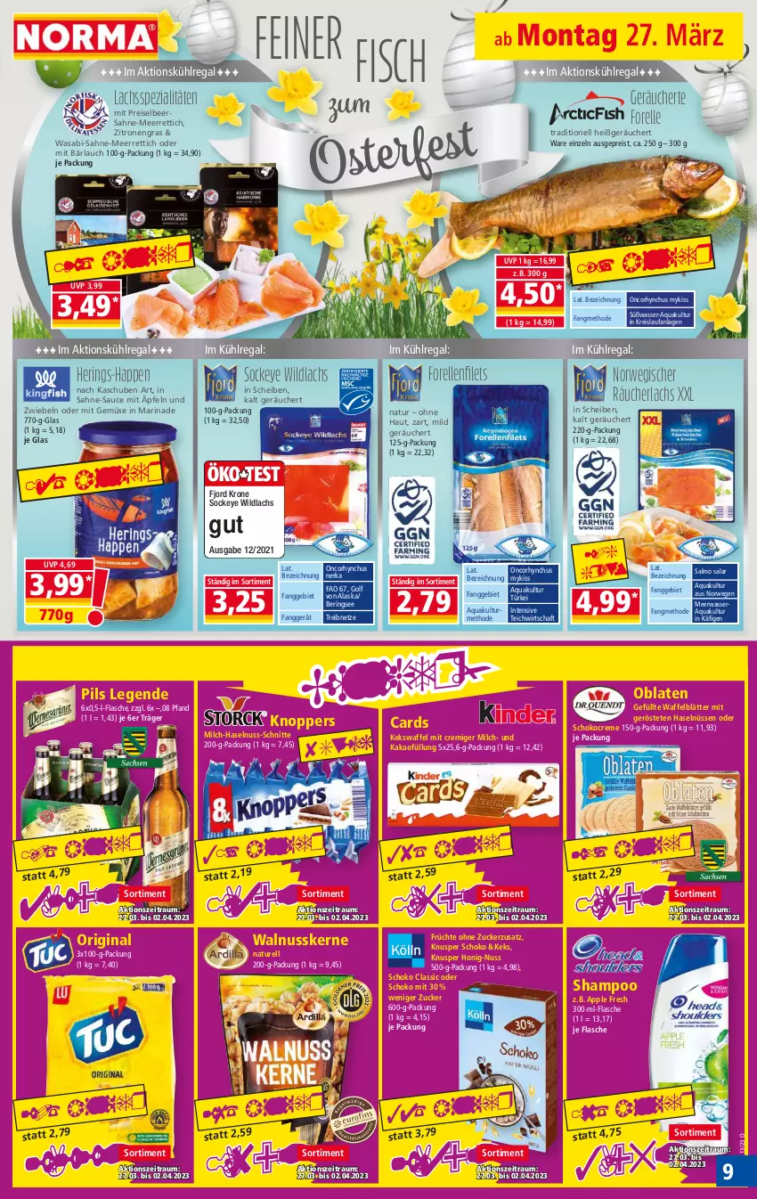 Aktueller Prospekt Norma - Norma - von 27.03 bis 03.04.2023 - strona 9 - produkty: Apple, aqua, creme, eis, elle, filet, filets, fisch, flasche, forelle, früchte, gin, haselnuss, hering, Herings, honig, kakao, keks, knoppers, krone, kühlregal, lachs, marinade, meerrettich, Meerwasser, milch, mit gemüse, natur, nuss, Oblaten, pils, Räucherlachs, regal, reis, rel, Rettich, ring, rwe, sahne, sauce, schoko, shampoo, Spezi, Ti, walnuss, walnusskerne, wasa, wasser, Wild, wildlachs, zitrone, zitronen, zucker, zwiebel, zwiebeln