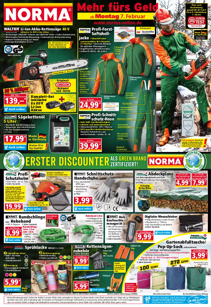 Aktueller Prospekt Norma - Norma - von 07.02 bis 14.02.2022 - strona 1 - produkty: abdeckplane, akku, asti, auer, auto, batterie, batterien, Bau, Beba, Bebe, brie, dell, eis, elle, fisch, Garten, gin, handschuhe, Holz, hose, hosen, HP, ilag, Jacke, Kette, kraft, lack, Lacke, Lampe, Laufen, LG, Mode, ndk, olive, orange, reis, Ria, sac, säge, schuhe, Spezi, Sprühlack, Tasche, taschen, taschenlampe, Ti, tisch, wasser, werkzeug, WICK, Windschutz