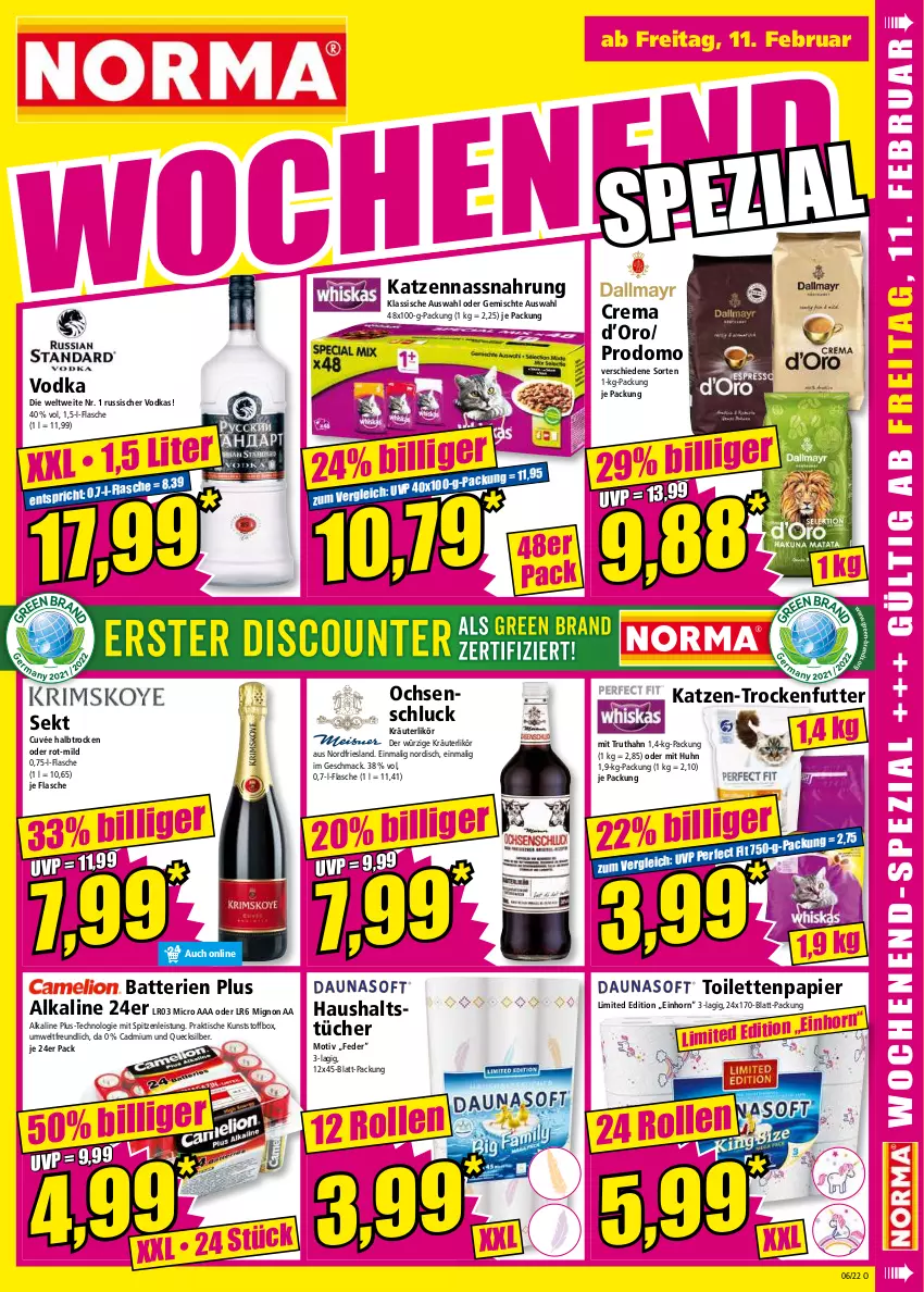 Aktueller Prospekt Norma - Norma - von 07.02 bis 14.02.2022 - strona 15 - produkty: batterie, batterien, cuvée, eis, flasche, kräuter, kräuterlikör, likör, mac, Nassnahrung, papier, prodomo, sekt, Ti, tisch, toilettenpapier, trockenfutter, truthahn, tücher, vodka