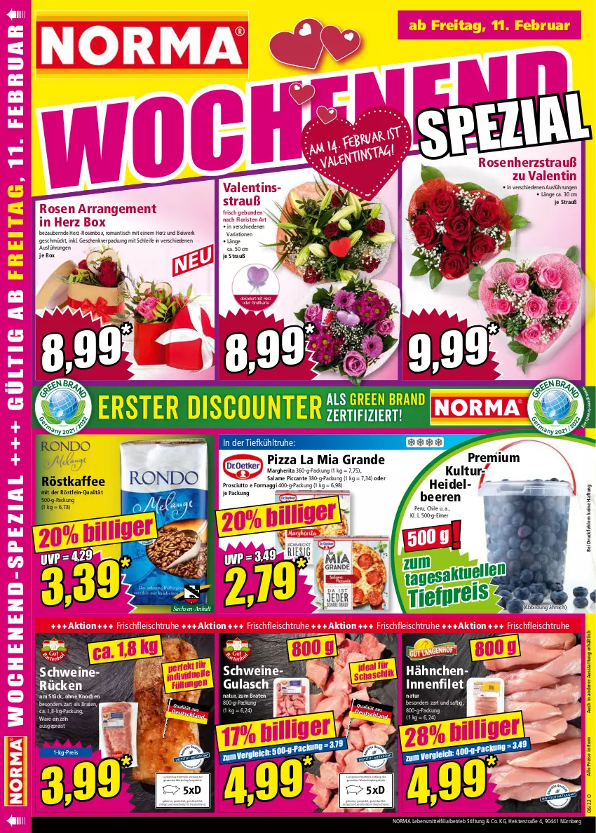 Aktueller Prospekt Norma - Norma - von 07.02 bis 14.02.2022 - strona 16 - produkty: beere, beeren, braten, eimer, eis, filet, fleisch, gulasch, heidelbeere, heidelbeeren, kaffee, lebensmittel, maggi, margherita, natur, pizza, prosciutto, reis, Ria, rosen, röstkaffee, sac, saft, schwein, schweine, schweinegulasch, schweinerücken, Ti, tiefpreis, tisch, wein, weine