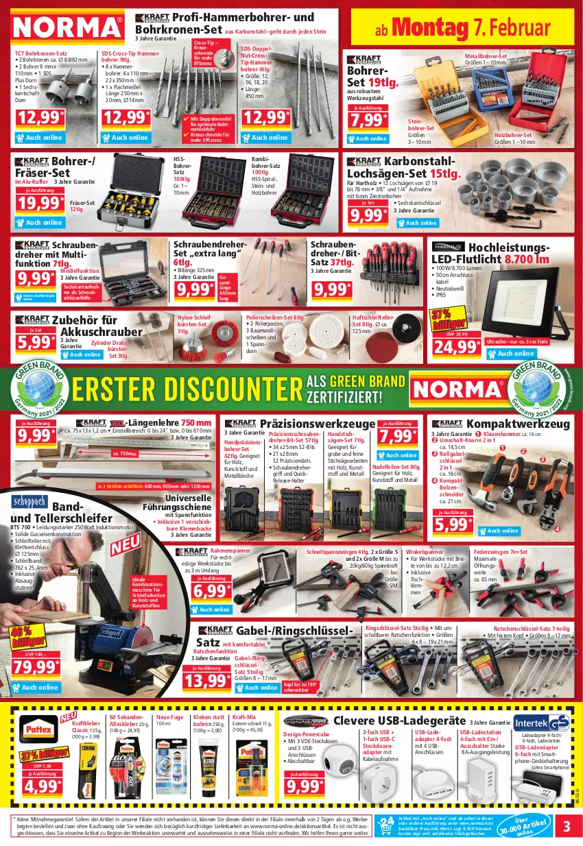 Aktueller Prospekt Norma - Norma - von 07.02 bis 14.02.2022 - strona 3 - produkty: adapter, akku, akkuschrauber, Bau, Bebe, Bohrer-Set, Bohrerset, Brei, bürste, bürsten, Draht, eis, elle, gabel, gin, gsw, Holz, kleber, koffer, kraft, krone, ladegerät, LG, mehl, ndk, reis, rel, ring, säge, Schal, schrauben, Schraubendreher, smartphone, steckdose, Steckdosenadapter, stichsäge, teller, Ti, tisch, uhr, usb, werkzeug, werkzeuge