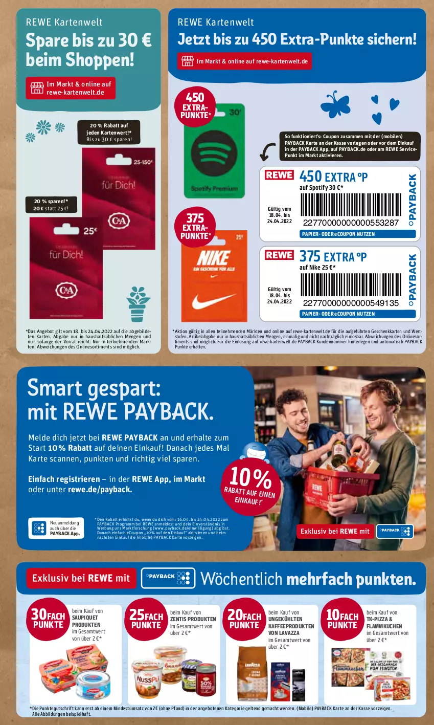 Aktueller Prospekt Rewe - Prospekte - von 19.04 bis 25.04.2022 - strona 15 - produkty: angebot, angebote, auto, coupon, eis, erde, flammkuchen, kaffee, kuchen, lamm, lavazza, mac, Nike, papier, payback, pizza, saupiquet, Ti, tisch, zentis