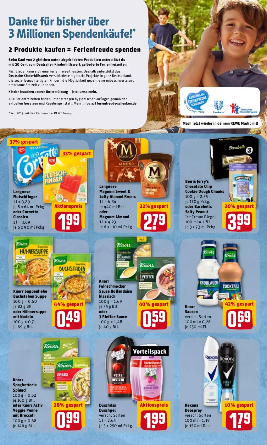 Aktueller Prospekt Rewe - Prospekte - von 19.04 bis 25.04.2022 - strona 16 - produkty: aktionspreis, broccoli, buch, classico, cola, cookie, cookie dough, cornetto, deo, deospray, duschdas, duschgel, eis, elle, feinschmecker, hollandaise, hühner, Hühnersuppe, Kinder, knorr, langnese, lion, mac, magnum, nudel, nudeln, penne, pfeffer, Rauch, rebell, reis, rexona, Ria, riegel, sauce, sauce hollandaise, saucen, suppe, suppen, suppenliebe, Ti, veggie