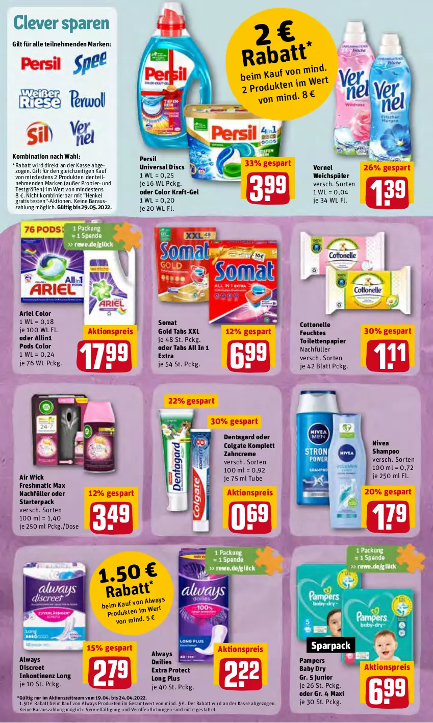 Aktueller Prospekt Rewe - Prospekte - von 19.04 bis 25.04.2022 - strona 18 - produkty: Air Wick, aktionspreis, Alwa, Always, ariel, Bau, bier, colgate, cottonelle, creme, dailies, Discreet, eis, elle, feuchtes toilettenpapier, henkel, kraft, LG, nivea, pampers, pampers baby dry, papier, persil, Pods, reis, shampoo, somat, Ti, toilettenpapier, vernel, weichspüler, WICK, zahncreme