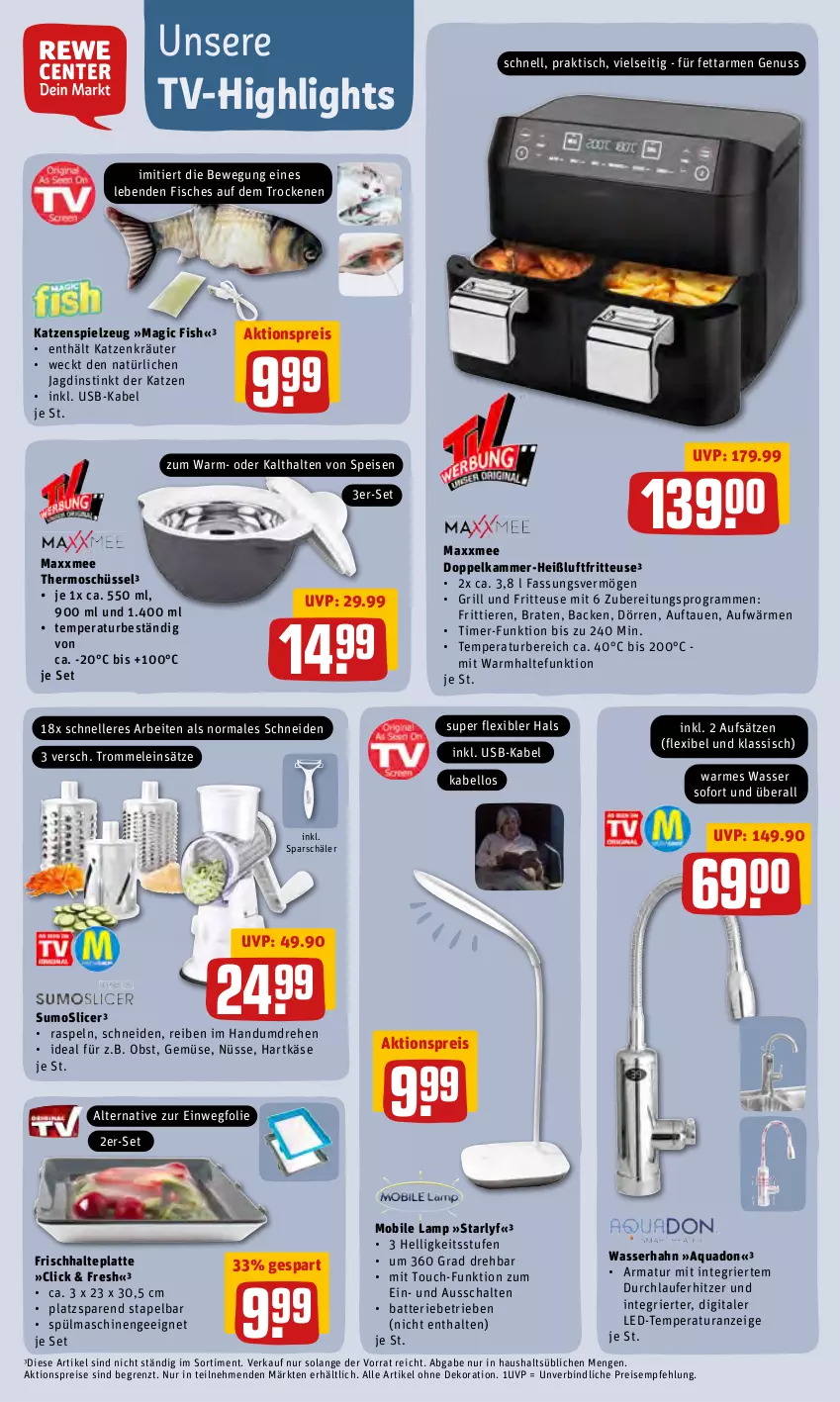 Aktueller Prospekt Rewe - Prospekte - von 19.04 bis 25.04.2022 - strona 26 - produkty: aktionspreis, alle artikel ohne dekoration, aqua, armatur, batterie, braten, dekoration, eis, elle, fisch, fische, fritteuse, grill, hartkäse, Heißluftfritteuse, Käse, kräuter, latte, nuss, obst, quad, reis, Schal, schüssel, spielzeug, spülmaschinen, Sumoslicer, Ti, Tiere, timer, tisch, trommel, usb, wasser, weck