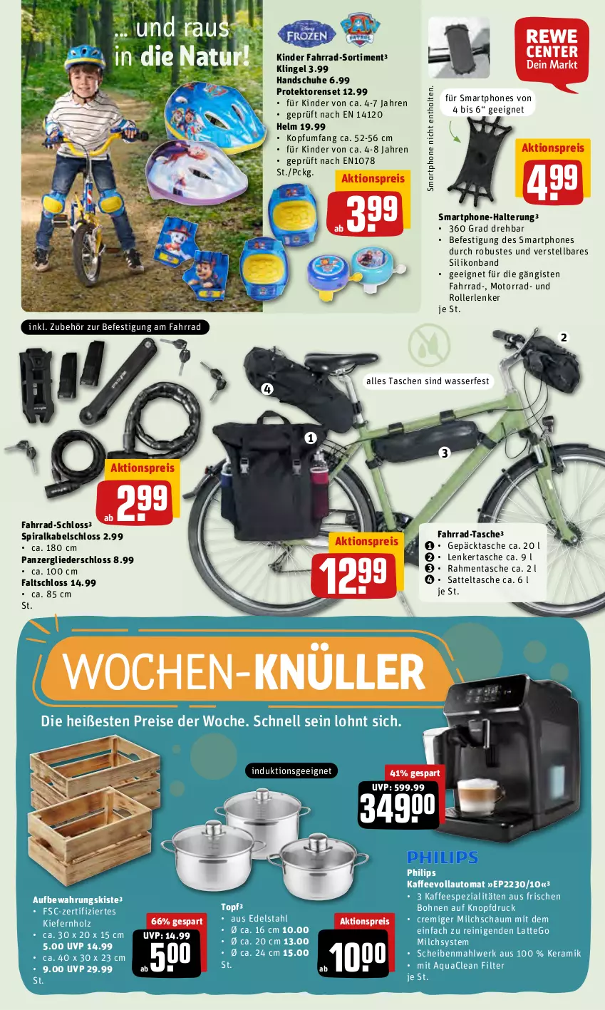 Aktueller Prospekt Rewe - Prospekte - von 19.04 bis 25.04.2022 - strona 29 - produkty: aktionspreis, aqua, auto, bohne, bohnen, edelstahl, eis, Fahrrad, Faltschloss, handschuhe, Holz, kaffee, kaffeespezialitäten, kaffeevollautomat, Kinder, latte, milch, natur, Philips, reis, Roller, sattel, schuhe, smartphone, smartphones, Spezi, Tasche, taschen, Ti, topf, wasser