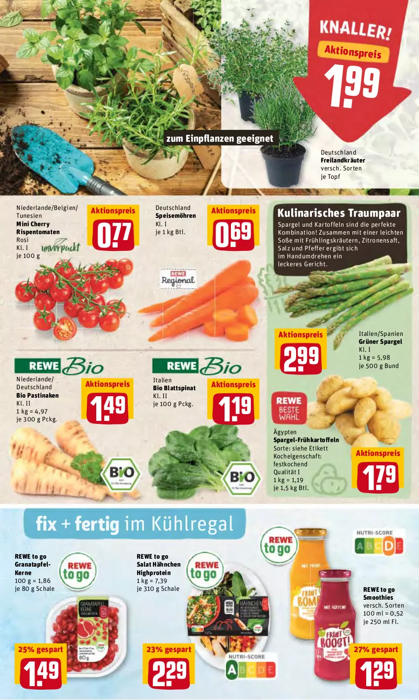 Aktueller Prospekt Rewe - Prospekte - von 19.04 bis 25.04.2022 - strona 3 - produkty: aktionspreis, apfel, asti, bio, blattspinat, eis, freilandkräuter, Frühkartoffeln, grana, granatapfel, granatapfelkerne, grüner spargel, HP, kartoffel, kartoffeln, kräuter, kräutern, kühlregal, LG, möhren, ndk, pfeffer, pflanze, pflanzen, Rana, regal, reis, rispentomaten, saft, salat, salz, Schal, Schale, smoothie, smoothies, Soße, spargel, speisemöhren, spinat, Ti, tomate, tomaten, topf, zitrone, zitronen, zitronensaft