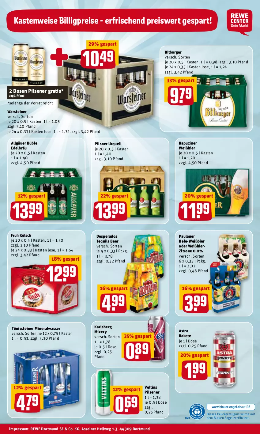 Aktueller Prospekt Rewe - Prospekte - von 19.04 bis 25.04.2022 - strona 32 - produkty: Alwa, Astra, bier, bitburger, burger, desperados, drucker, eis, Engel, Früh Kölsch, Hefe, karlsberg, karlsberg mixery, kerze, LG, mineralwasser, Mixer, mixery, Paula, paulaner, pils, pilsener, pilsner, pilsner urquell, reis, steiner, tequila, Ti, veltins, veltins pilsener, warsteiner, wasser, zitrone