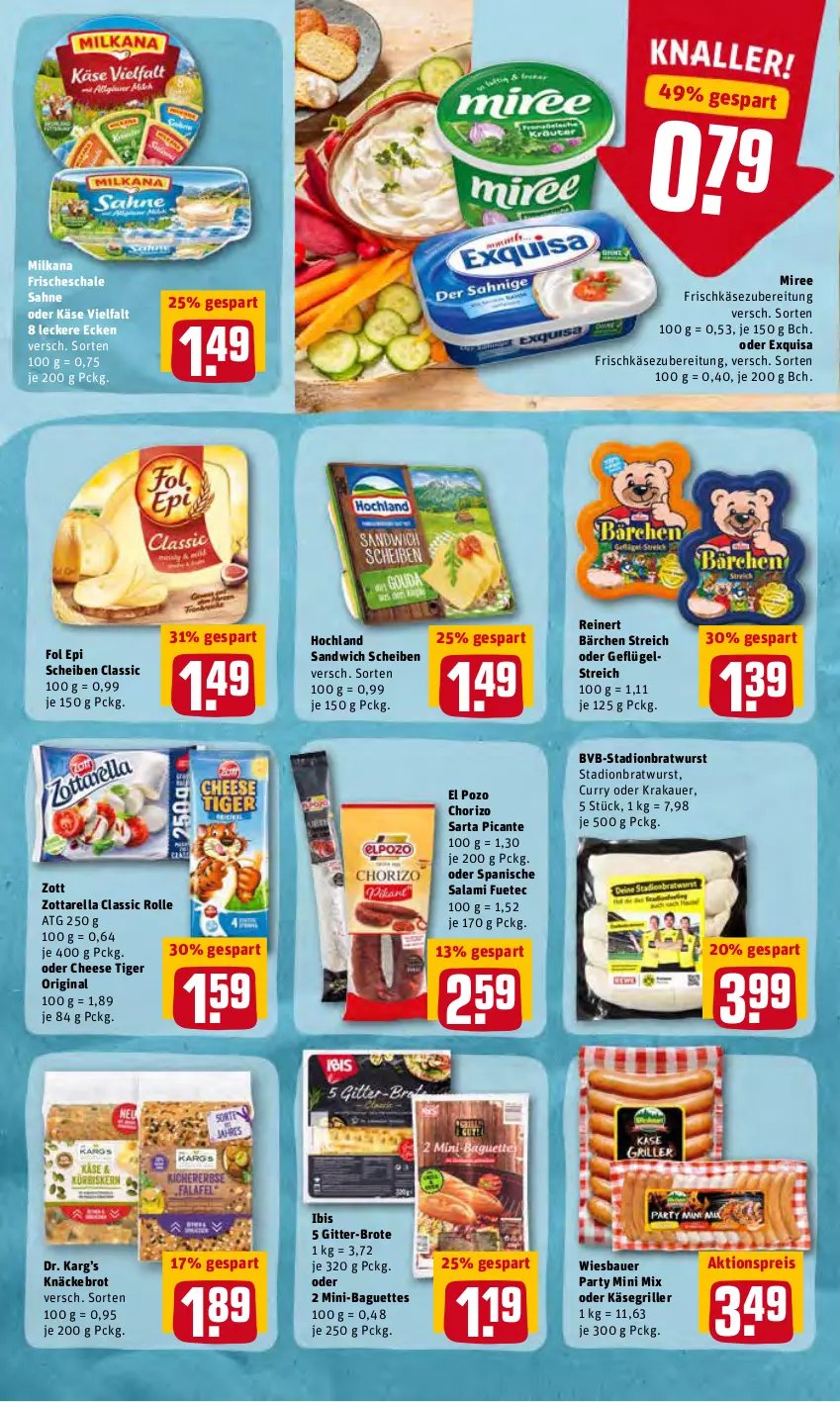 Aktueller Prospekt Rewe - Prospekte - von 19.04 bis 25.04.2022 - strona 8 - produkty: aktionspreis, auer, baguette, baguettes, Bau, Bauer, bratwurst, brot, chorizo, curry, eis, exquisa, exquisa frischkäse, fol epi, frischkäse, frischkäsezubereitung, Geflügel, gin, grill, hochland, Käse, käse vielfalt, knäckebrot, krakauer, milka, milkana, miree, reinert, reis, rel, sahne, salami, sandwich, Schal, Schale, Ti, wiesbauer, wurst, zott, zottarella