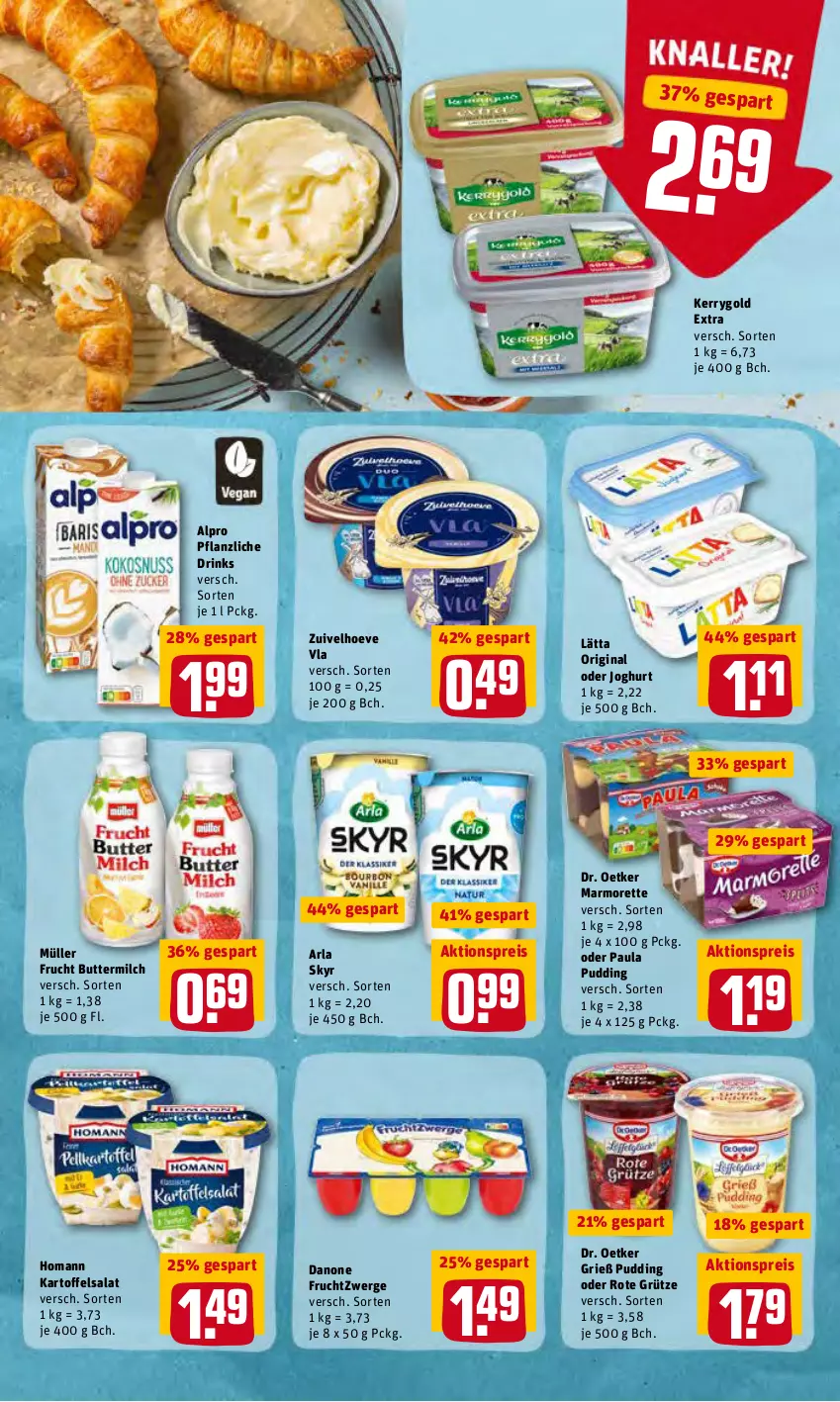 Aktueller Prospekt Rewe - Prospekte - von 19.04 bis 25.04.2022 - strona 9 - produkty: aktionspreis, alpro, arla, arla skyr, butter, buttermilch, danone, danone fruchtzwerge, Dr. Oetker, drink, drinks, eis, frucht, fruchtzwerge, gin, grütze, homann, joghur, joghurt, kartoffel, kartoffelsalat, kerrygold, kerrygold extra, lätta, marmorette, milch, Müller, Paula, paula pudding, Pflanzliche Drink, pudding, reis, Rote Grütze, salat, Skyr, Ti