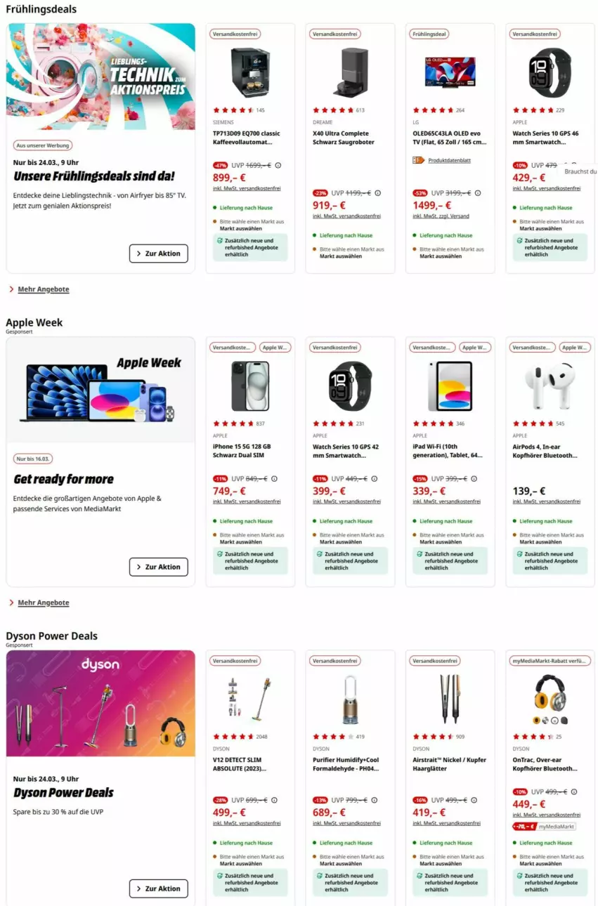 Aktueller Prospekt Media Markt - Prospekte - von 10.03 bis 24.03.2025 - strona 1 - produkty: Airfryer, aktionspreis, angebot, angebote, Apple, auto, decke, Dual SIM, Dyson, eis, ente, GPS, haarglätter, iphone, kaffee, kaffeevollautomat, kopfhörer, mediamarkt, ndk, Rauch, reis, Saugroboter, siemens, sim, smartwatch, tablet, Ti, uhr, versandkostenfrei