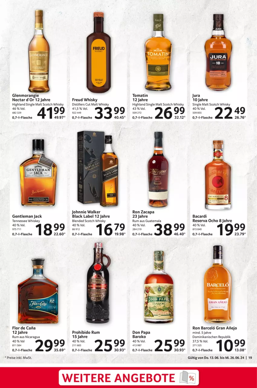 Aktueller Prospekt Selgros - Gourmet Highlights - von 13.06 bis 26.06.2024 - strona 19 - produkty: angebot, angebote, bacardi, black label, blended scotch, blended scotch whisky, Cap, eis, flasche, johnnie walker, Jura, lack, reis, rum, scotch, scotch whisky, single malt, tennessee whiskey, Ti, Tomatin, whiskey, whisky